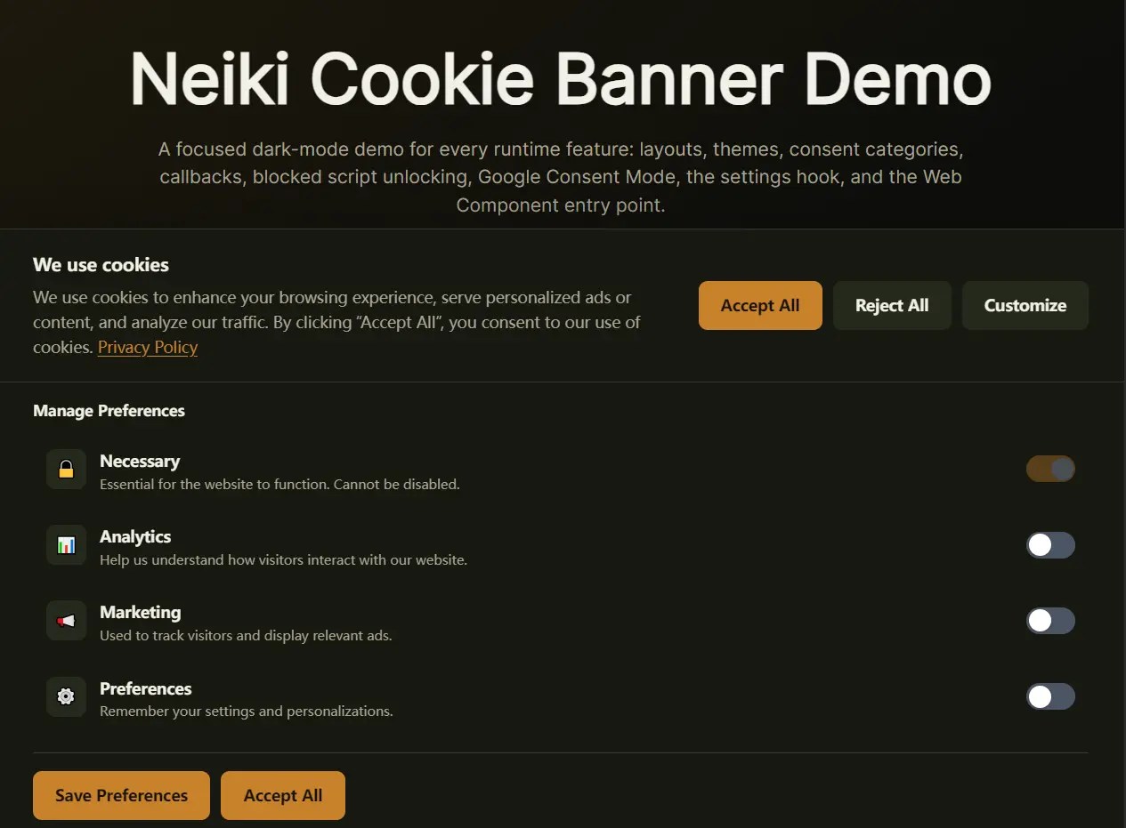 GDPR Cookie Banner With Category Consent API – Neiki’s Cookie Banner