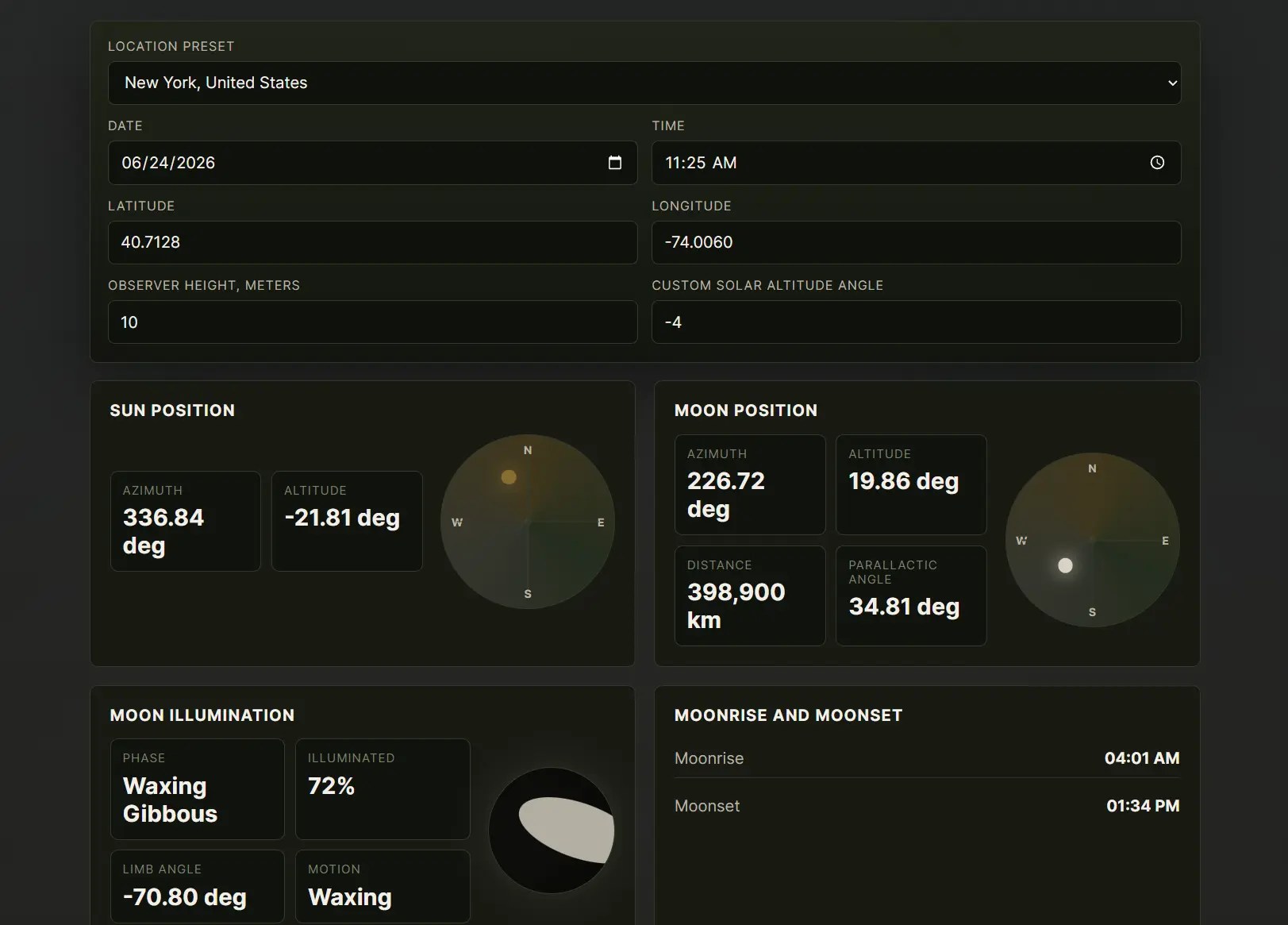 JavaScript Sun/Moon Position & Phase Calculator – SunCalc