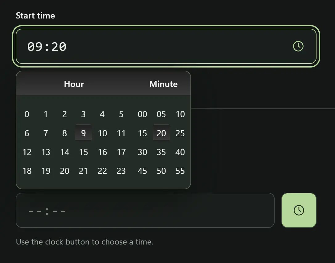 Minimal 24-Hour Time Picker in Vanilla JS – TimePicker.js
