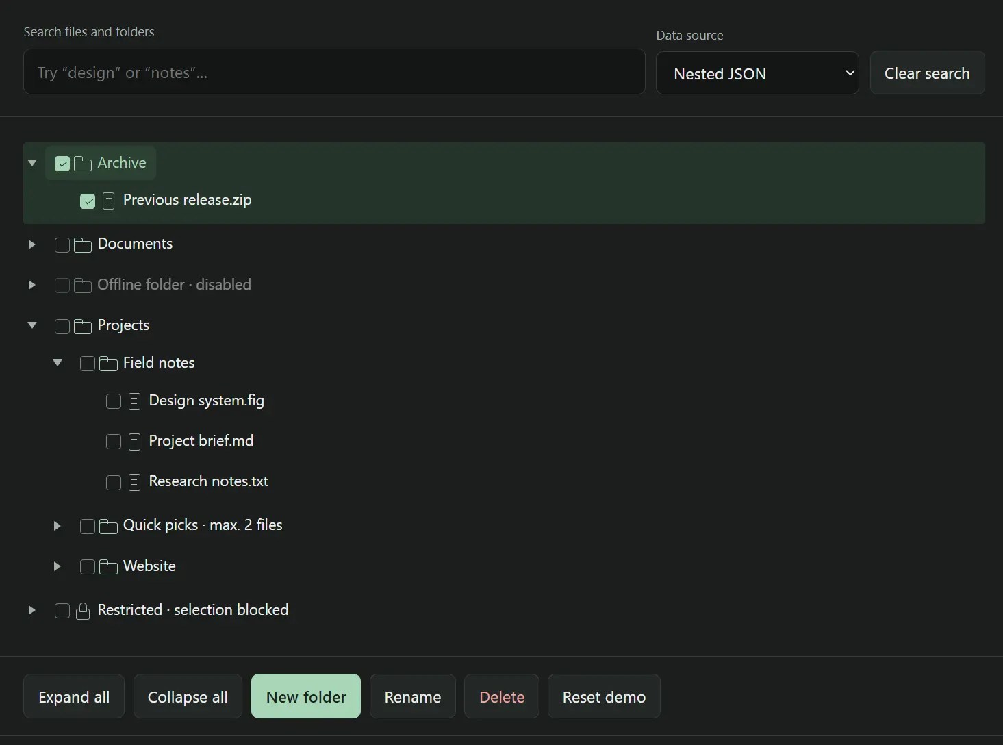 folder-tree: Tree View with Search, DnD, and Checkboxes