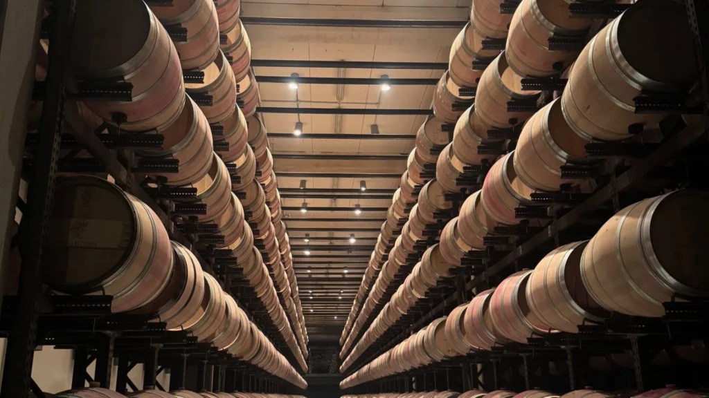 Interior view of Abadía Retuerta's wine cellar showing rows of wooden wine barrels stacked on metal racks extending into the distance, with dramatic lighting creating a cathedral-like atmosphere in the storage facility