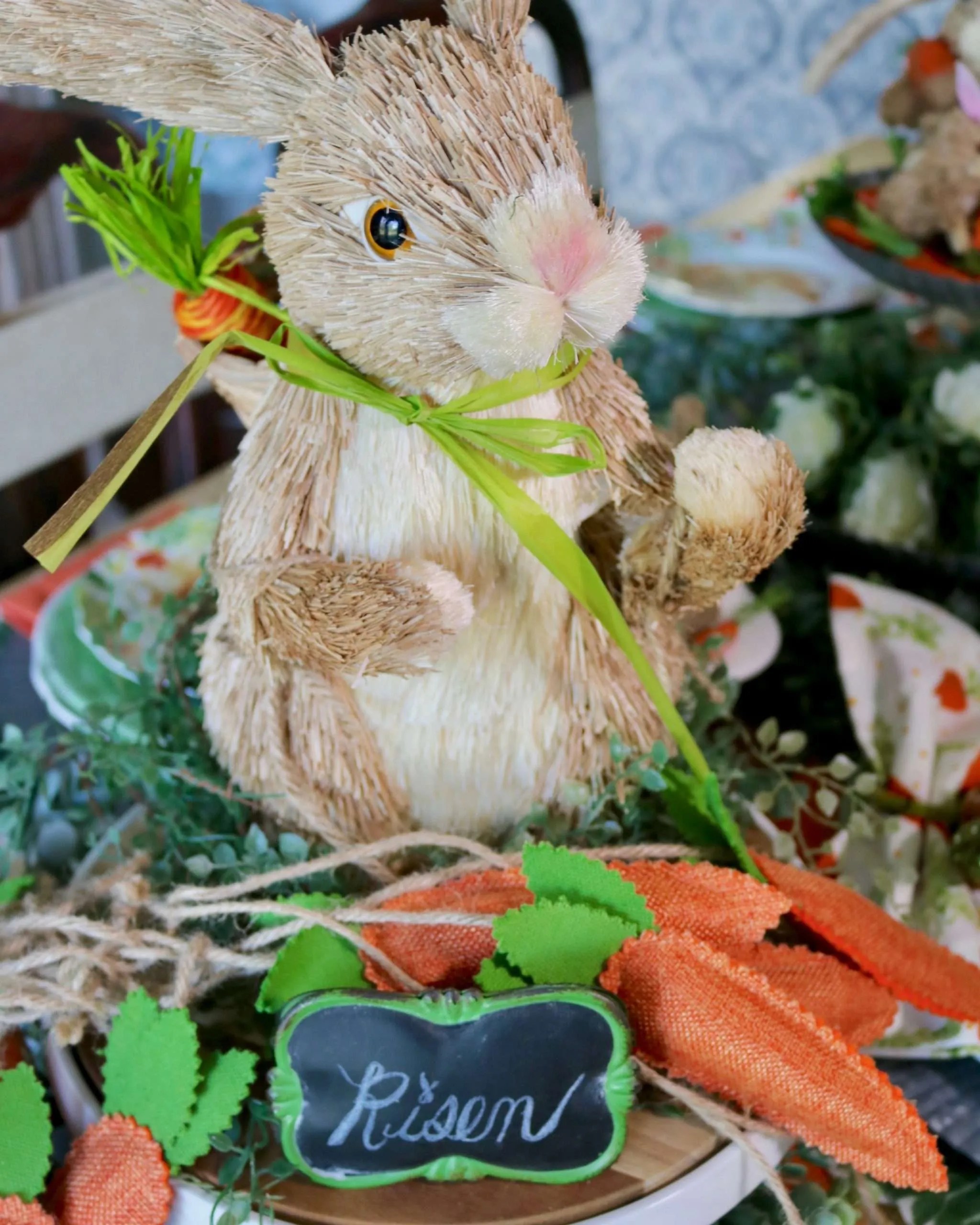 Place decorative bunny on pedestal.