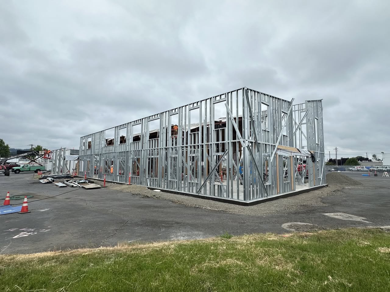 Steel framing installation at a construction project