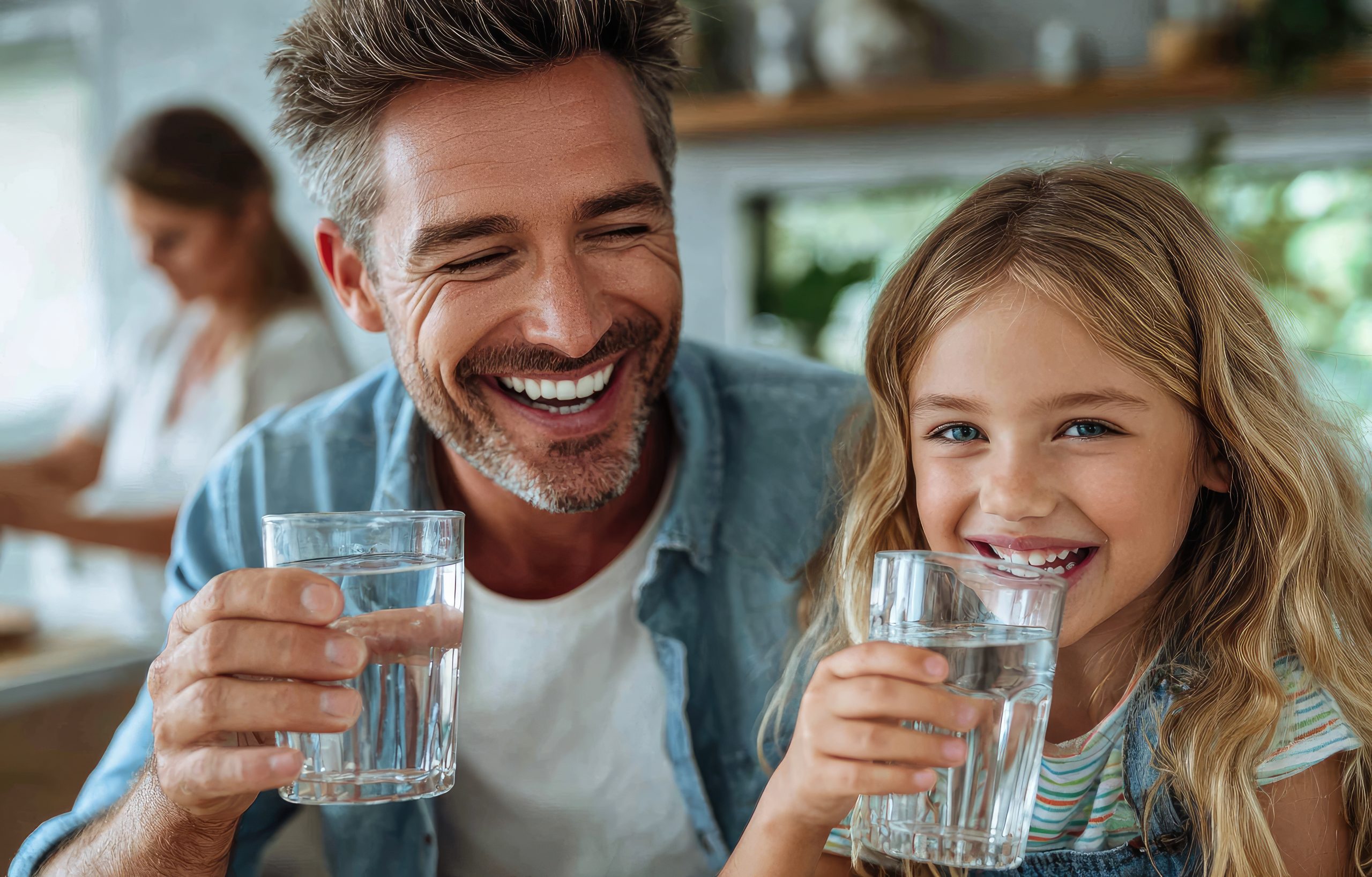 happy family drinking clean water after clear water services installation