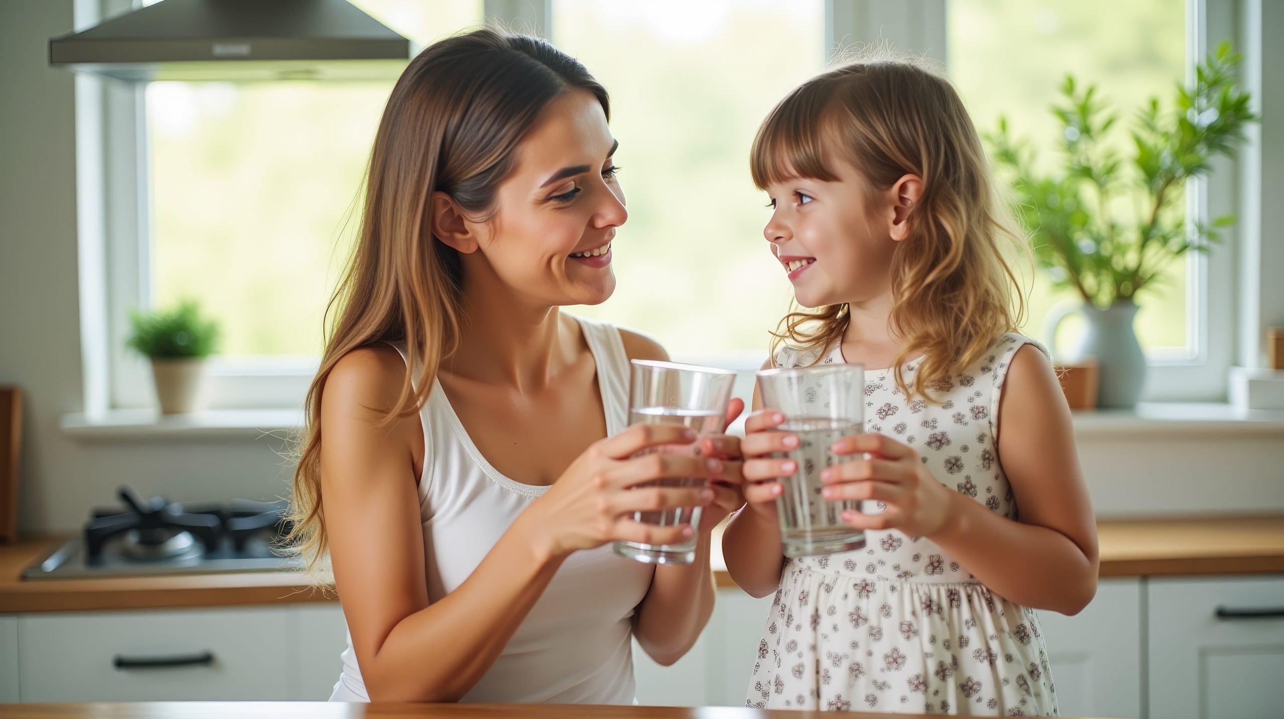 Mother and daughter drinking softened water in kitchen