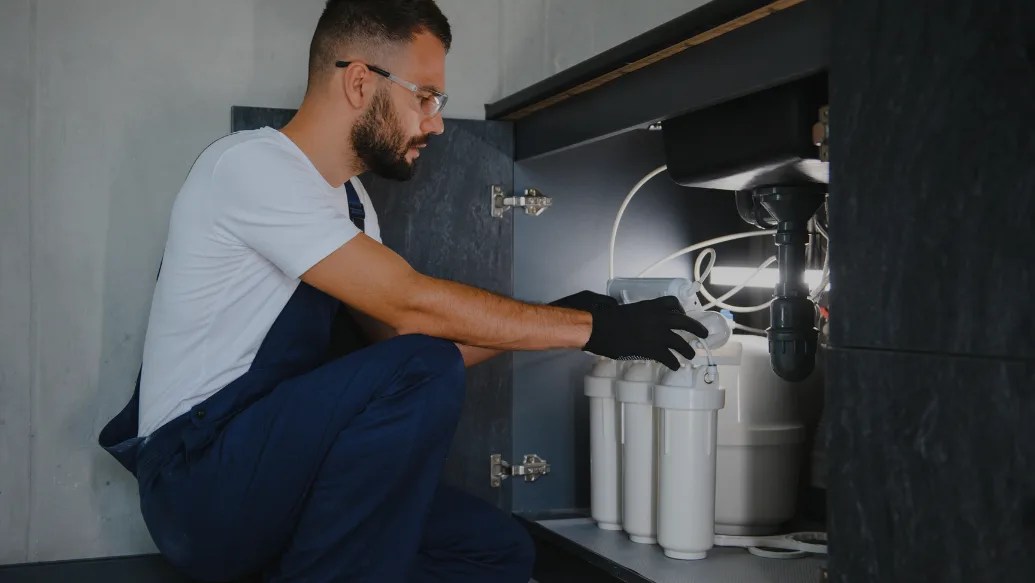 Technician installing filtration system