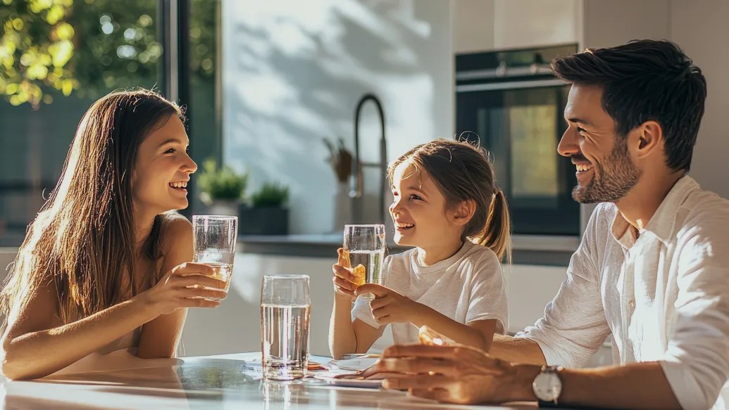 Happy family drinking clear wate
