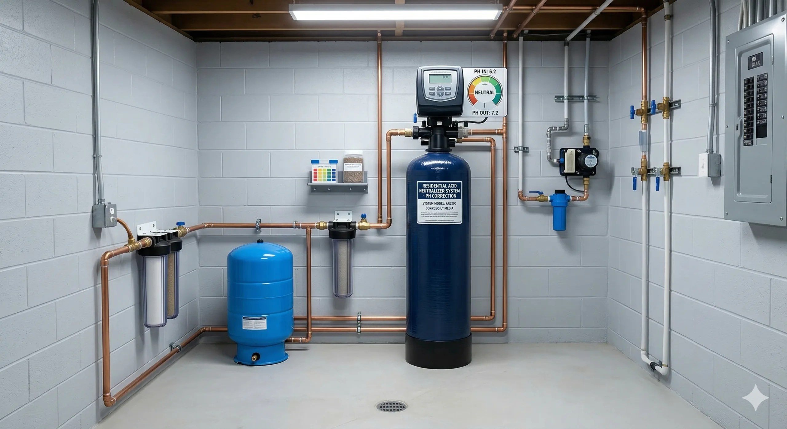 Acid neutralizer water treatment system installed in home