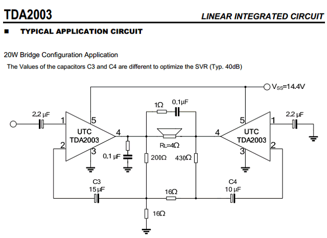 Berikut ini adalah skema rangkaian amplifier mini 10 watt mono dengan single supply menggunakan ic tda 2003 sederhana. TDA2003 Datasheet PDF - 10W car radio audio amplifier