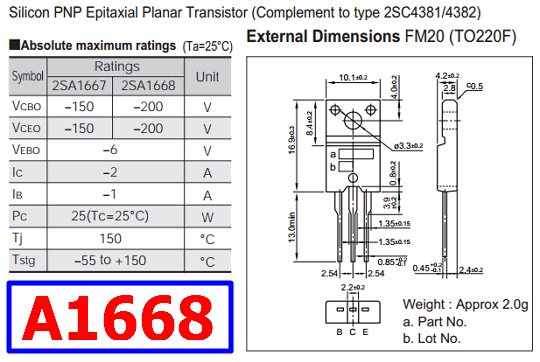 A1668 Vcbo 200v Pnp Transistor 2sa1668 Sanken