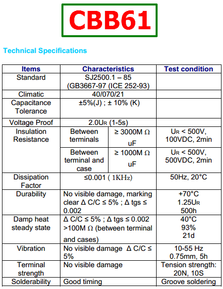 Cbb61 Datasheet Ac Metallized Film Capacitor Westech
