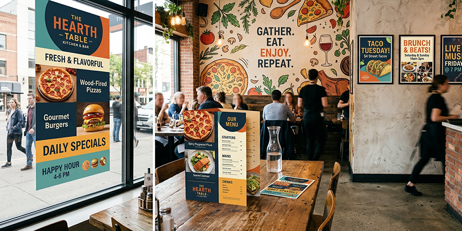 Menus, and printed items inside a busy restaruant