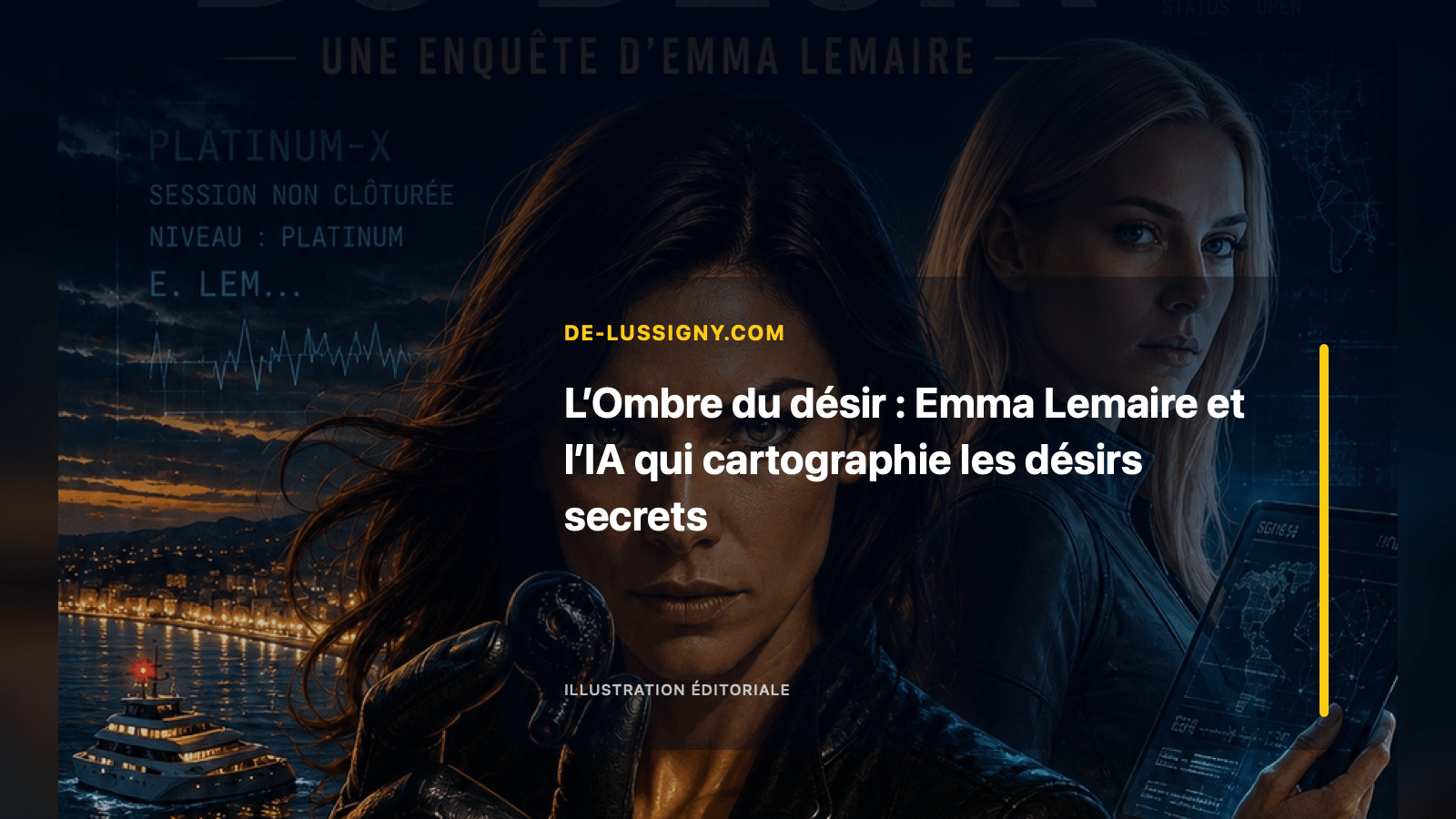 Illustration éditoriale pour « L’Ombre du désir : Emma Lemaire et l’IA qui cartographie les désirs secrets »