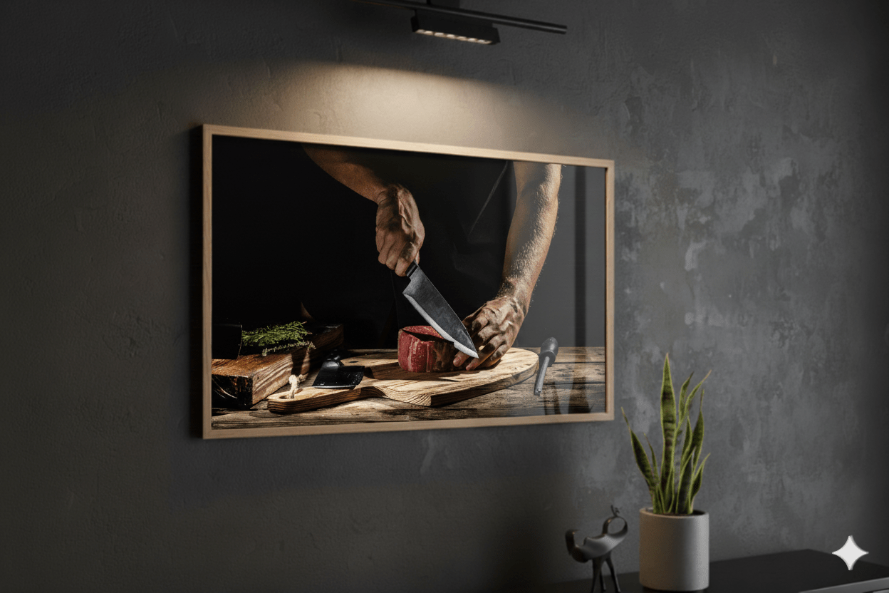 Tableau décoration boucherie geste de découpe de viande en plexiglas ou alu Dibond