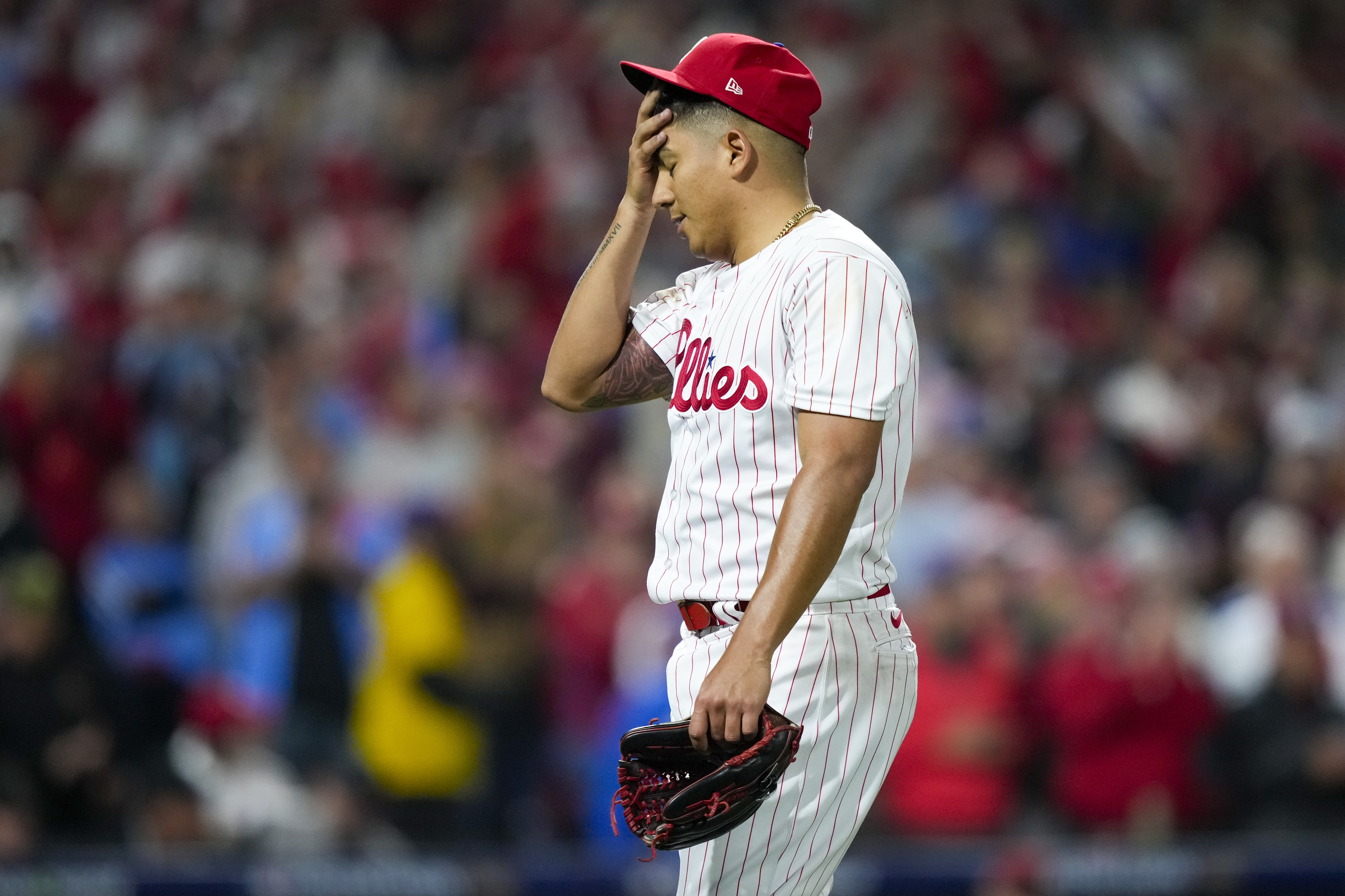 Phillies starting pitcher Ranger Suarez shows how he feels about being lifted after 75 pitches during the fifth inning Tuesday night in Game 7 of the NLCS at Citizens Bank Park. (Matt Slocum - The Associated Press)