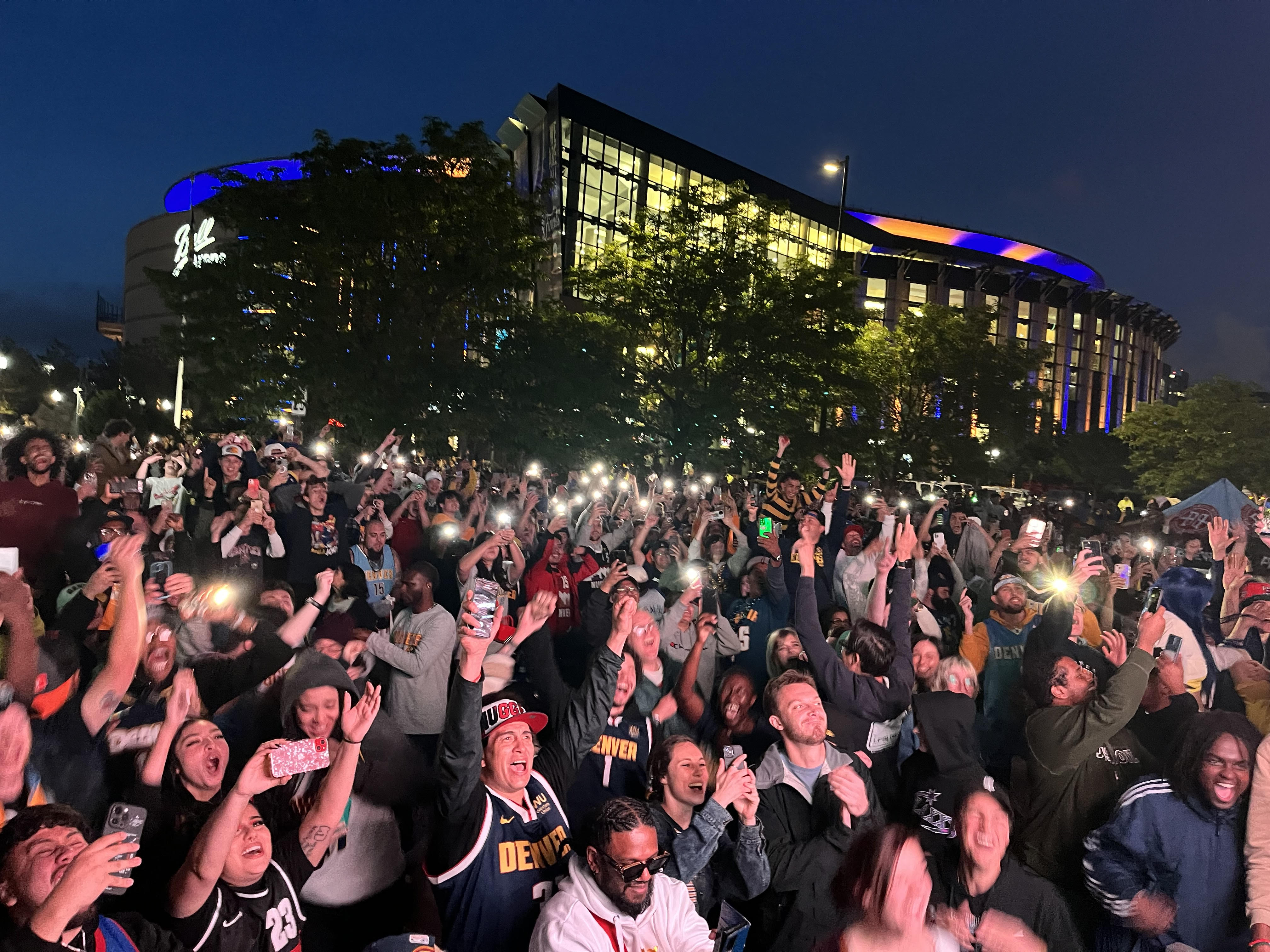 Fans celebrate as the Denver Nuggets beat the Miami Heat to clinch Game 5 of the NBA Finals and win their first-ever NBA championship at Ball Arena in Denver on Monday, June 12, 2023. (Photo by RJ Sangosti/The Denver Post)