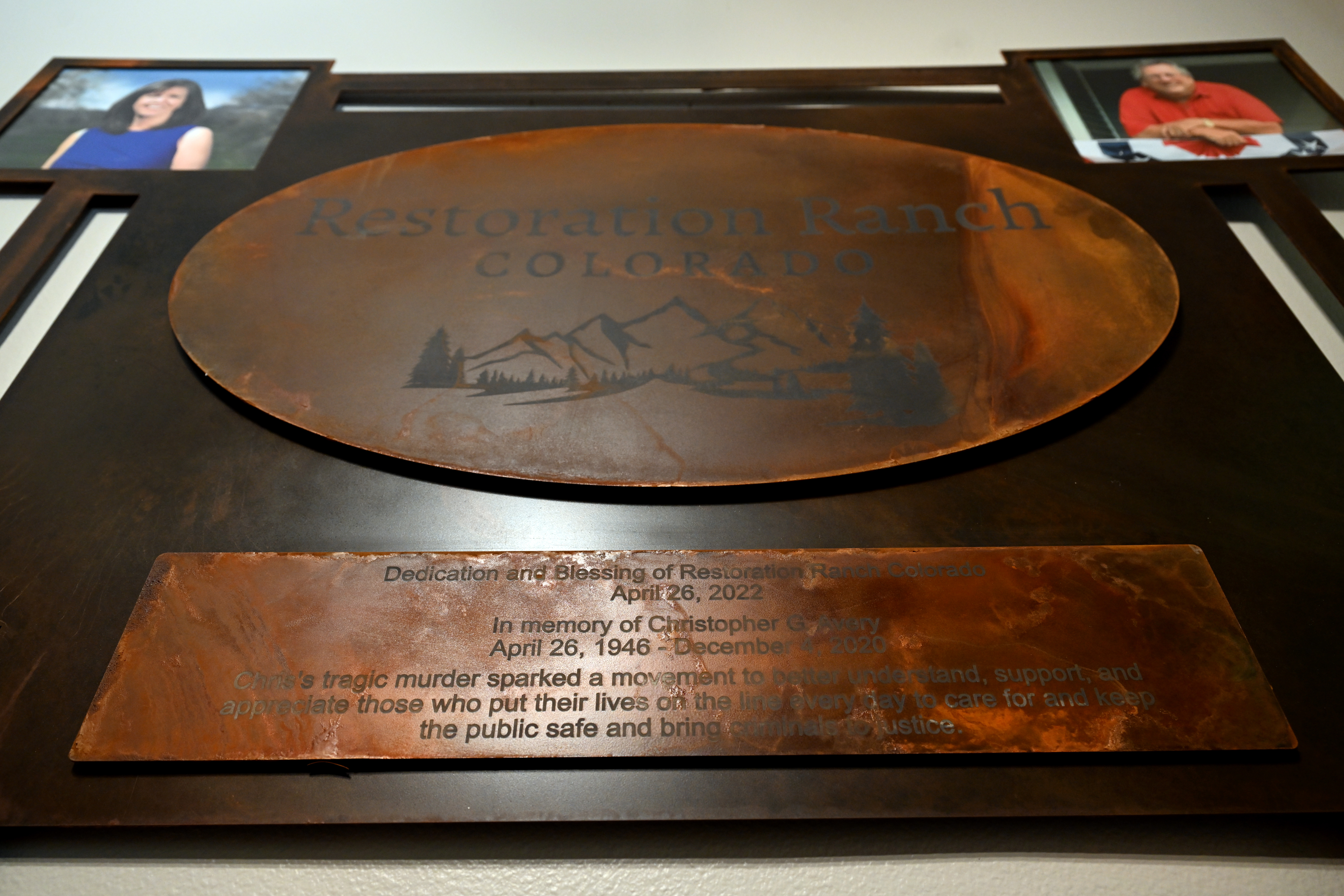 GOLDEN, CO - JUNE 26: A plaque, dedicated to Christopher Avery made by his wife Kathryn, hangs in the foyer of Restoration Ranch on June 26, 2023 in Golden, Colorado. Kathryn Severns Avery founded Restoration Ranch after her husband, Chris Avery, was killed in a car accident in 2020 when robbery suspects t-boned him in an intersection fleeing the scene of their crime in Lakewood. Avery bought and founded the ranch to offer it as a respite and safe space for first responders of all kinds who have responded to crisis situations. She wants it to provide a place to recuperate. Restoration Ranch Colorado supports dispatchers, first responders, emergency department personnel, members of the judiciary, and their families by providing access to opportunities for relaxation, reflection, recreation, health, and wellness. Keeping the location undisclosed to protect those who retreat to it, Avery describes the property as the perfect place to get away for reflection, relaxation, and recreation. At an altitude above 8,000 feet and just 45 minutes from Denver, the Ranch is secluded but easy to access. It offers 40 acres with pine and aspen trees, large rock outcroppings, and open meadows. She has set it up so there are no costs to the stakeholder groups Ð dispatchers, LEOs, fire/EMS, emergency department personnel, members of the judiciary, and their families. Reservations are on a first come, first served basis. The location of the Ranch is not disclosed to participants until a Waiver and NDA are signed. The ranch and other projects Avery is working on are her way of giving back to the first responders who tended to her dying husband after the fatal crash. (Photo by Helen H. Richardson/The Denver Post)