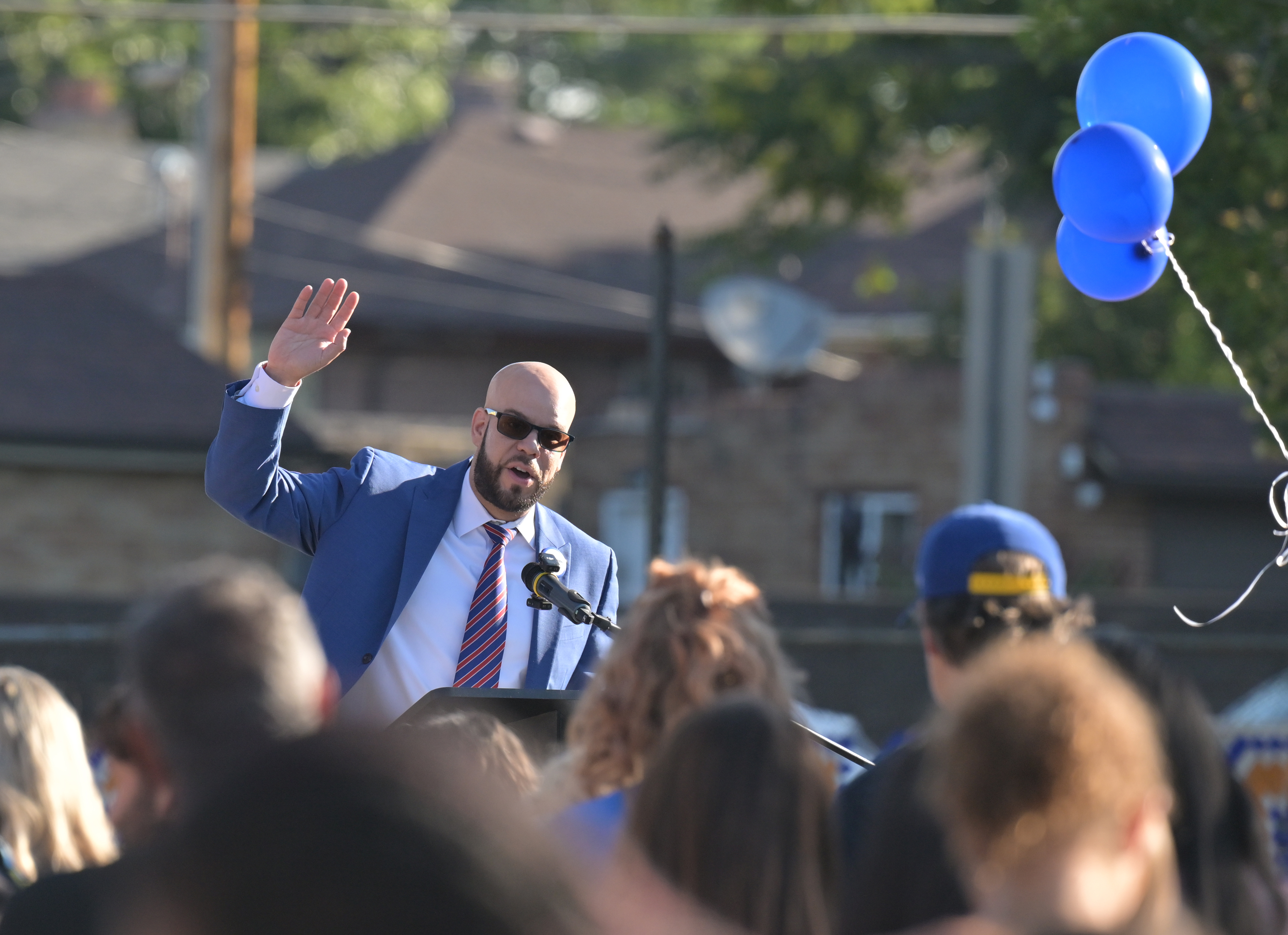 Denver Public Schools Superintendent Dr. Alex Marrero celebrates the start of the 2025-26 academic year outside Columbine Elementary School in Denver, on Aug. 18, 2025. (Photo by RJ Sangosti/The Denver Post)