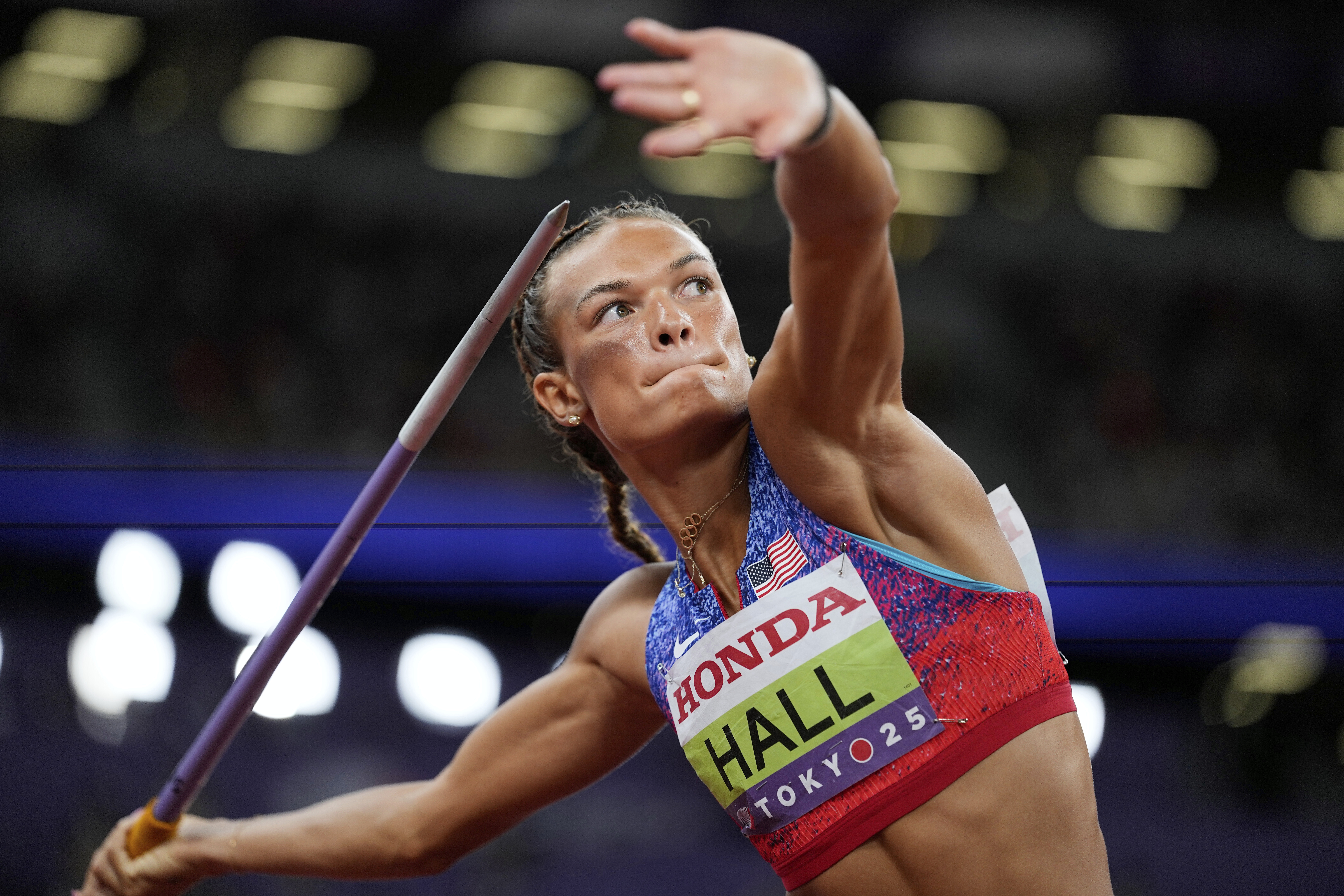 United States' Anna Hall makes an attempt in the heptathlon javelin throw at the World Athletics Championships in Tokyo, Saturday, Sept. 20, 2025. (AP Photo/Matthias Schrader)