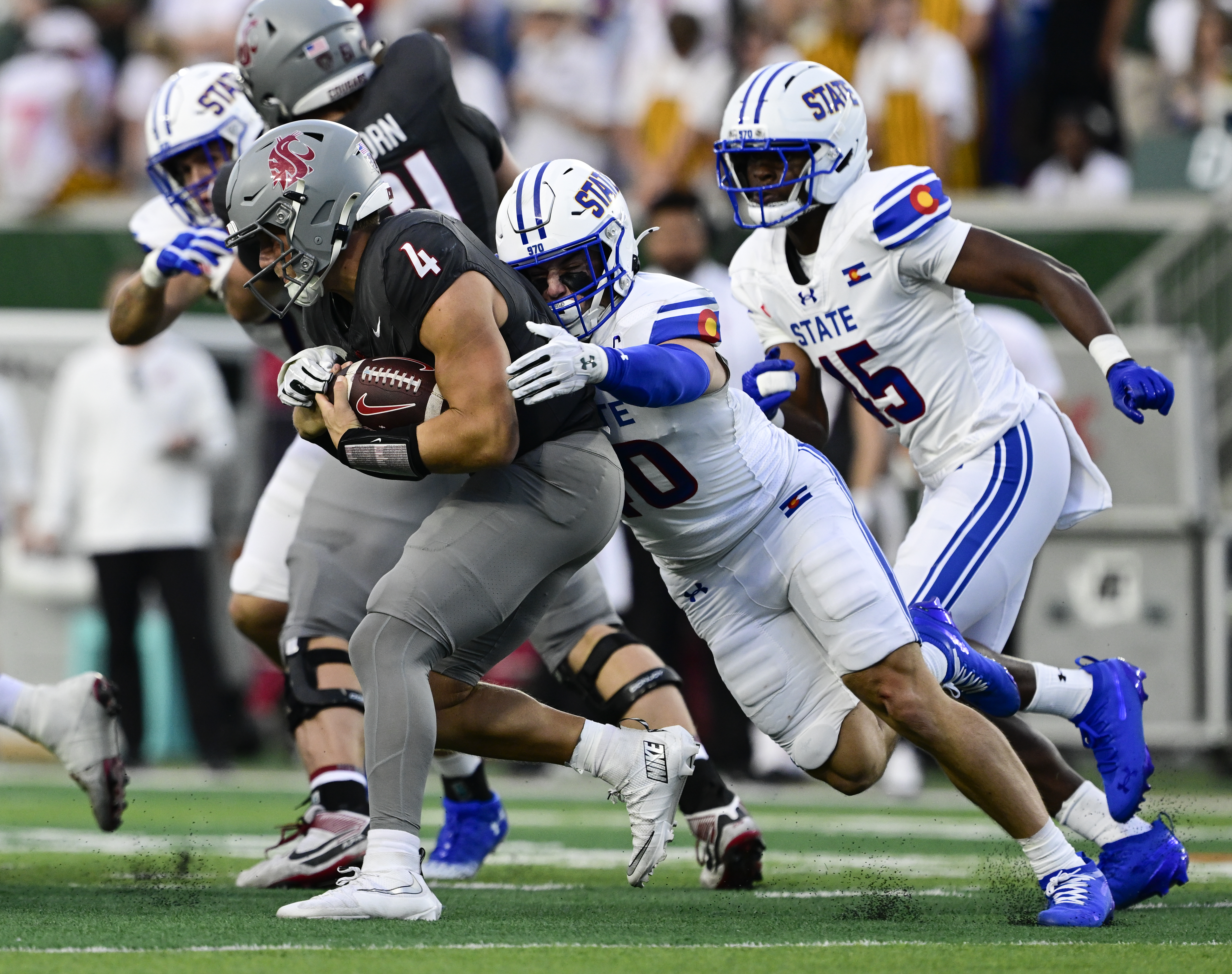 Colorado State Rams linebacker Owen Long (40) chases down Washington State Cougars quarterback Zevi Eckhaus (4) in the second quarter at Canvas Stadium in Ft. Collins, Colorado, on Saturday, Sept. 27, 2025. (Photo by Andy Cross/The Denver Post)