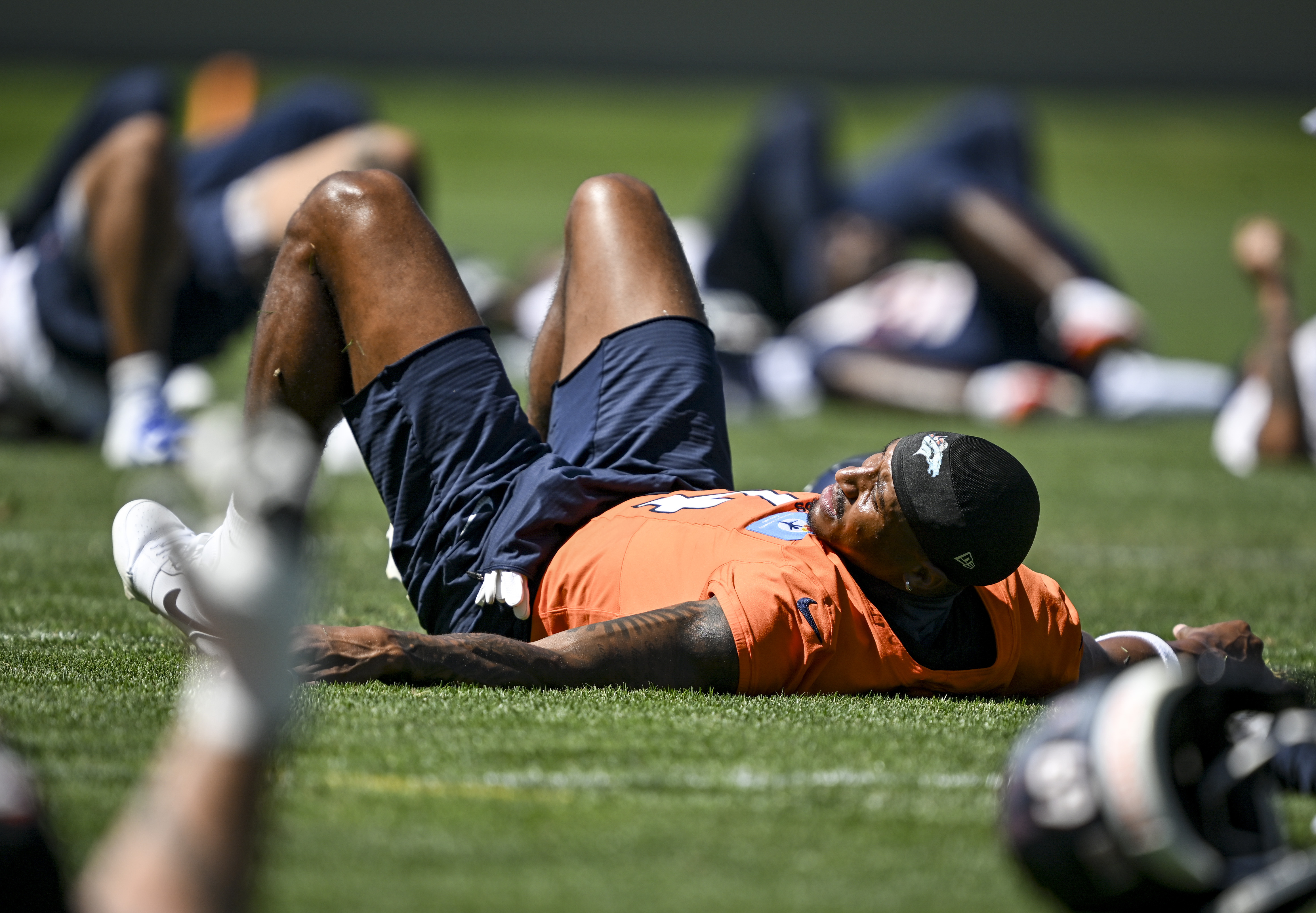 Courtland Sutton (14) of the Denver Broncos stretches during OTAs at the Broncos Park in Centennial, Colorado on Thursday, June 4, 2026. (Photo by AAron Ontiveroz/The Denver Post)