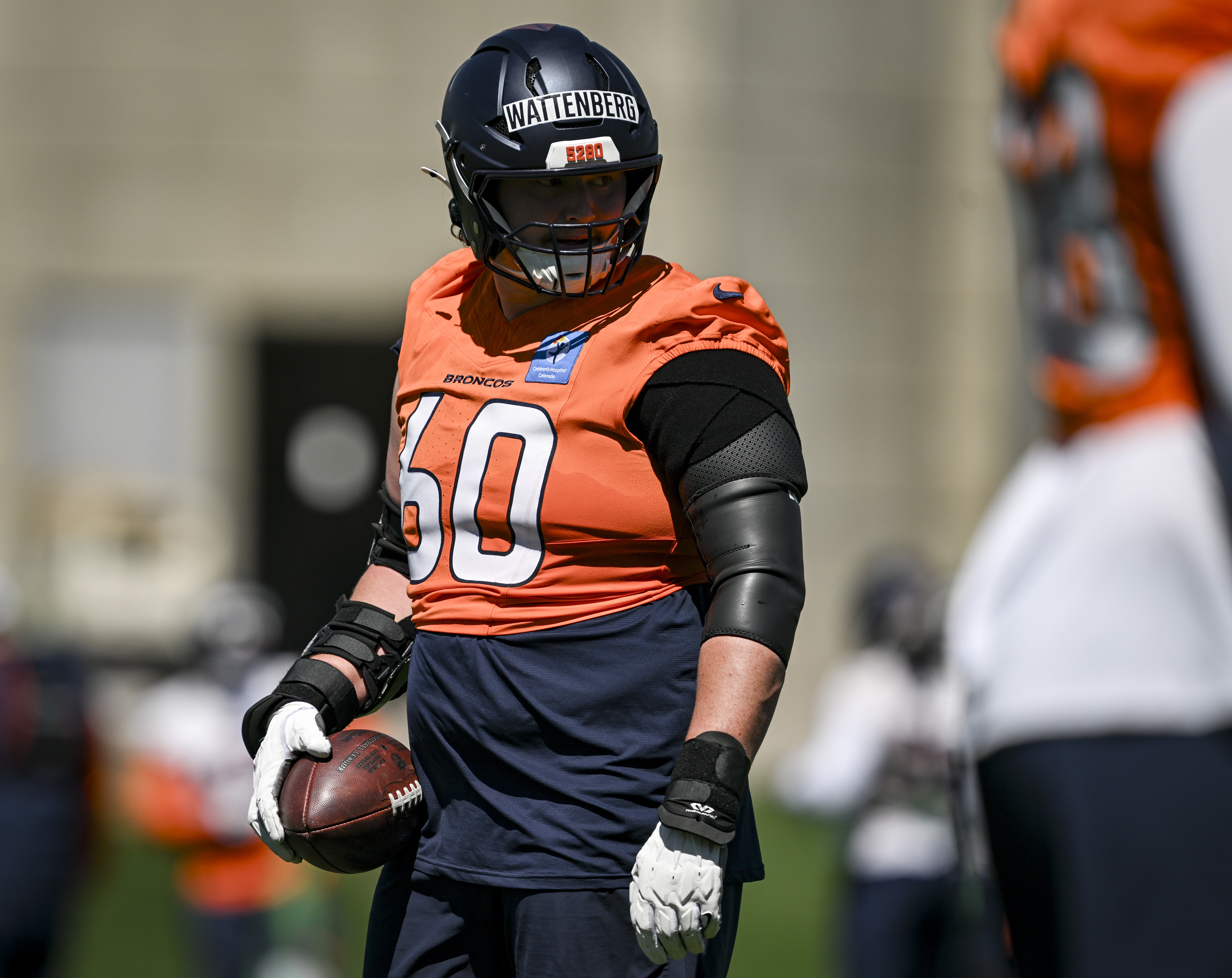 Luke Wattenberg (60) of the Denver Broncos works out with fellow offensive linemen during OTAs at the Broncos Park in Centennial, Colorado on Thursday, June 4, 2026. (Photo by AAron Ontiveroz/The Denver Post)