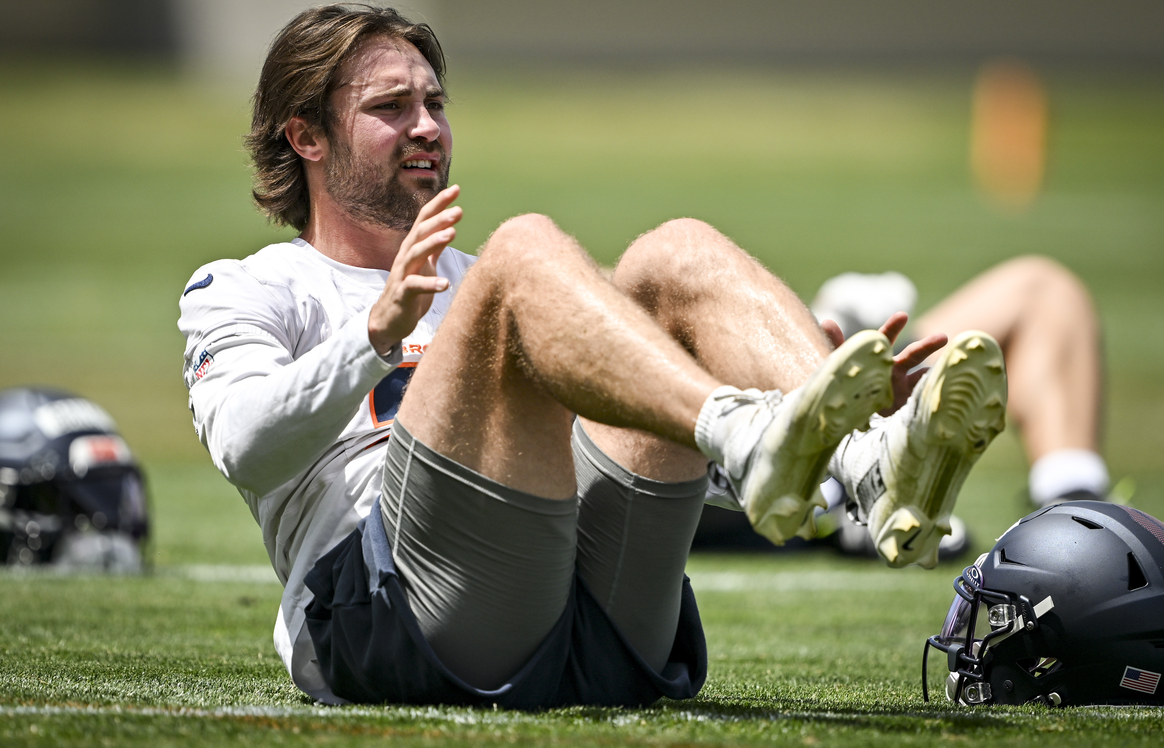 Riley Moss (21) of the Denver Broncos stretches during minicamp at the Broncos Park in Centennial, Colorado on Tuesday, June 16, 2026. (Photo by AAron Ontiveroz/The Denver Post)
