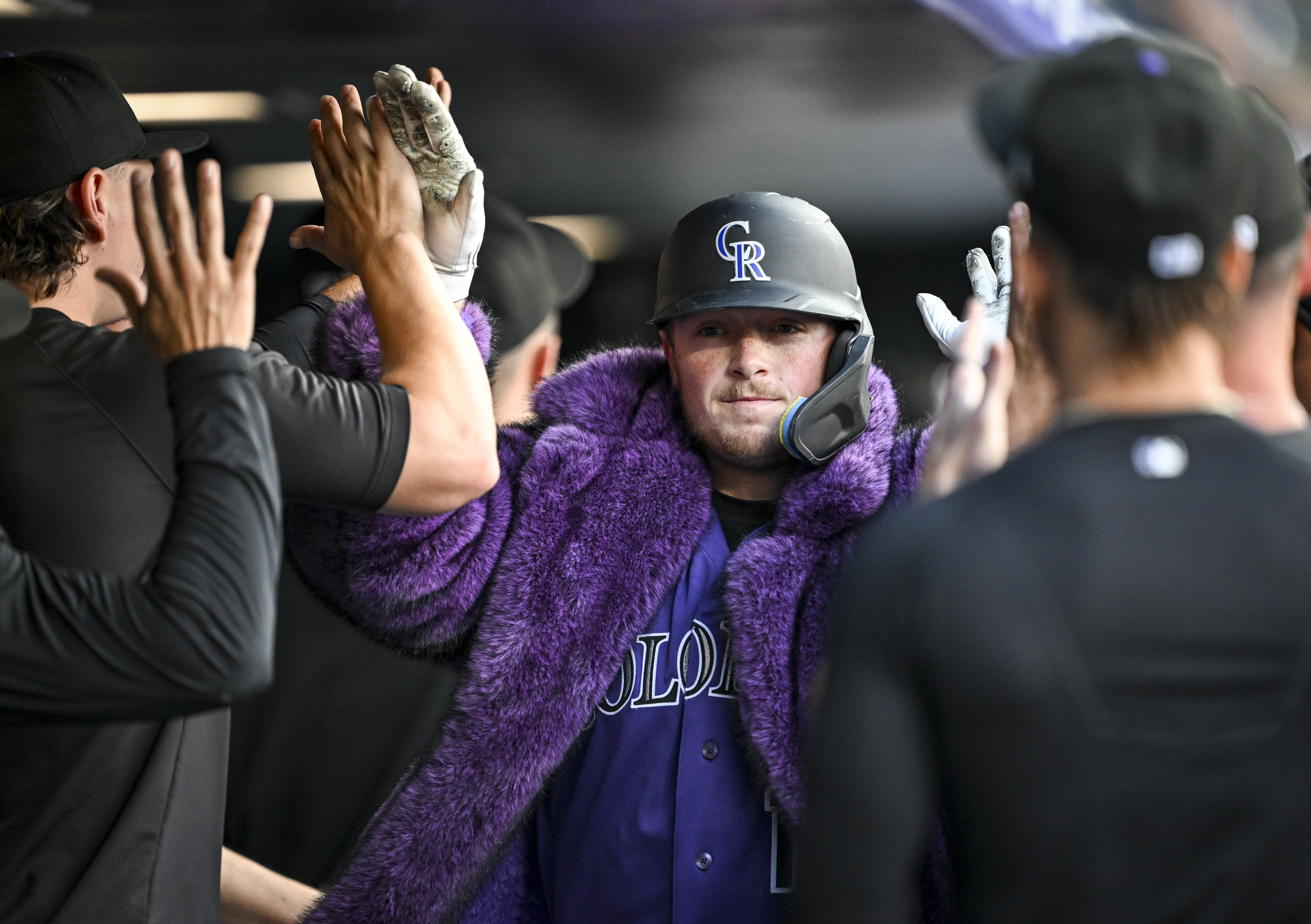 Hunter Goodman (15) of the Colorado Rockies celebrates hitting a home run off of Colin Rea (53) of the Chicago Cubs during the first inning at Coors Field in Denver on Tuesday, June 9, 2026. (Photo by AAron Ontiveroz/The Denver Post)
