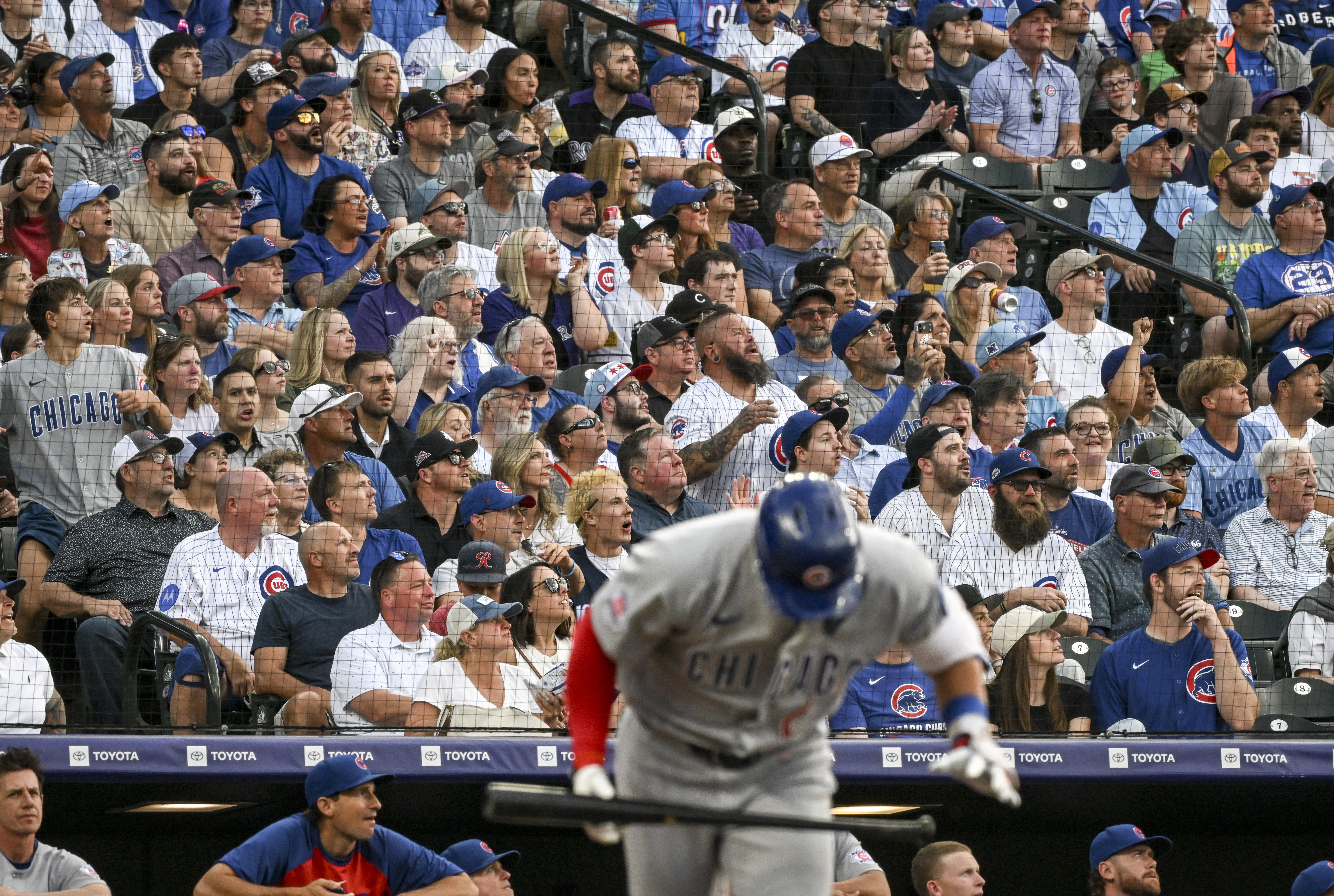Chicago Cubs react as Nico Hoerner (2) of the Chicago Cubs hits a deep fly ball off of Tomoyuki Sugano (11) of the Colorado Rockies during the second inning at Coors Field in Denver on Tuesday, June 9, 2026. (Photo by AAron Ontiveroz/The Denver Post)