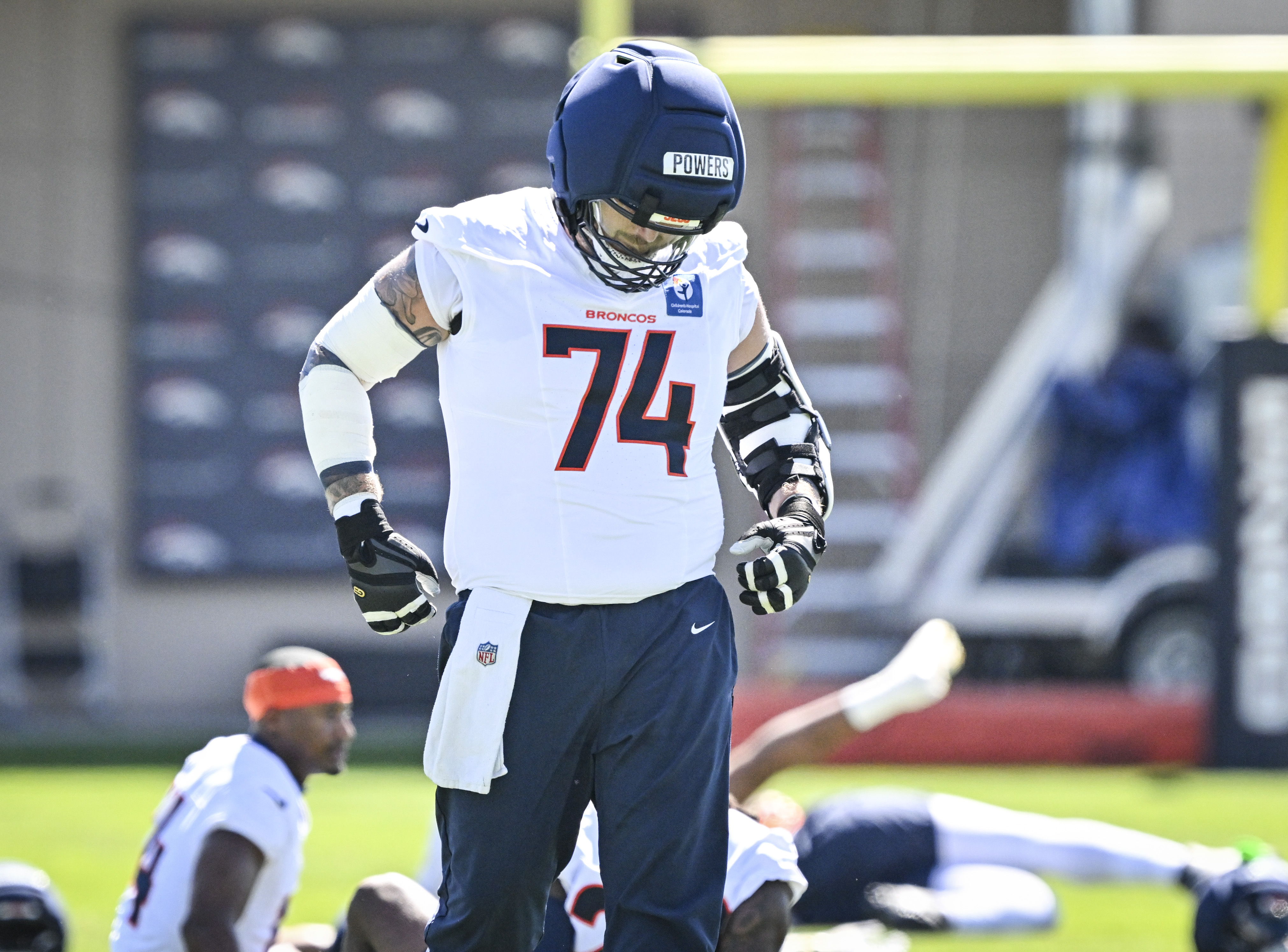 Ben Powers (74) of the Denver Broncos prepares to break off with his group during practice at Broncos Park in Centennial, Colorado on Thursday, July 30, 2026. (Photo by AAron Ontiveroz/The Denver Post)