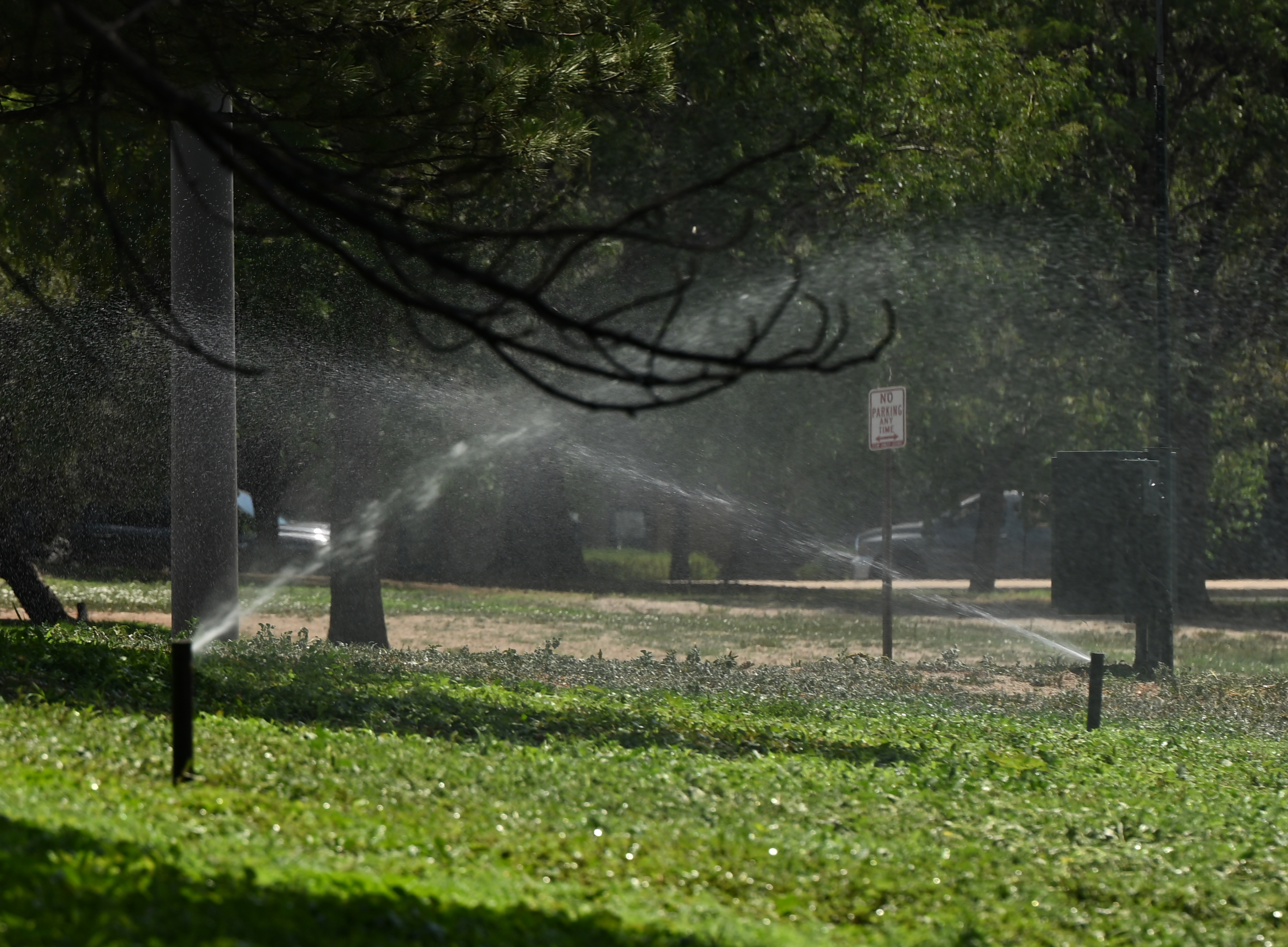 Sprinklers run at 1 p.m. in a median near Auraria Parkway and Speer Boulevard despite drought-related water restrictions on Tuesday, July 21, 2026, in Denver. (Photo by RJ Sangosti/The Denver Post)