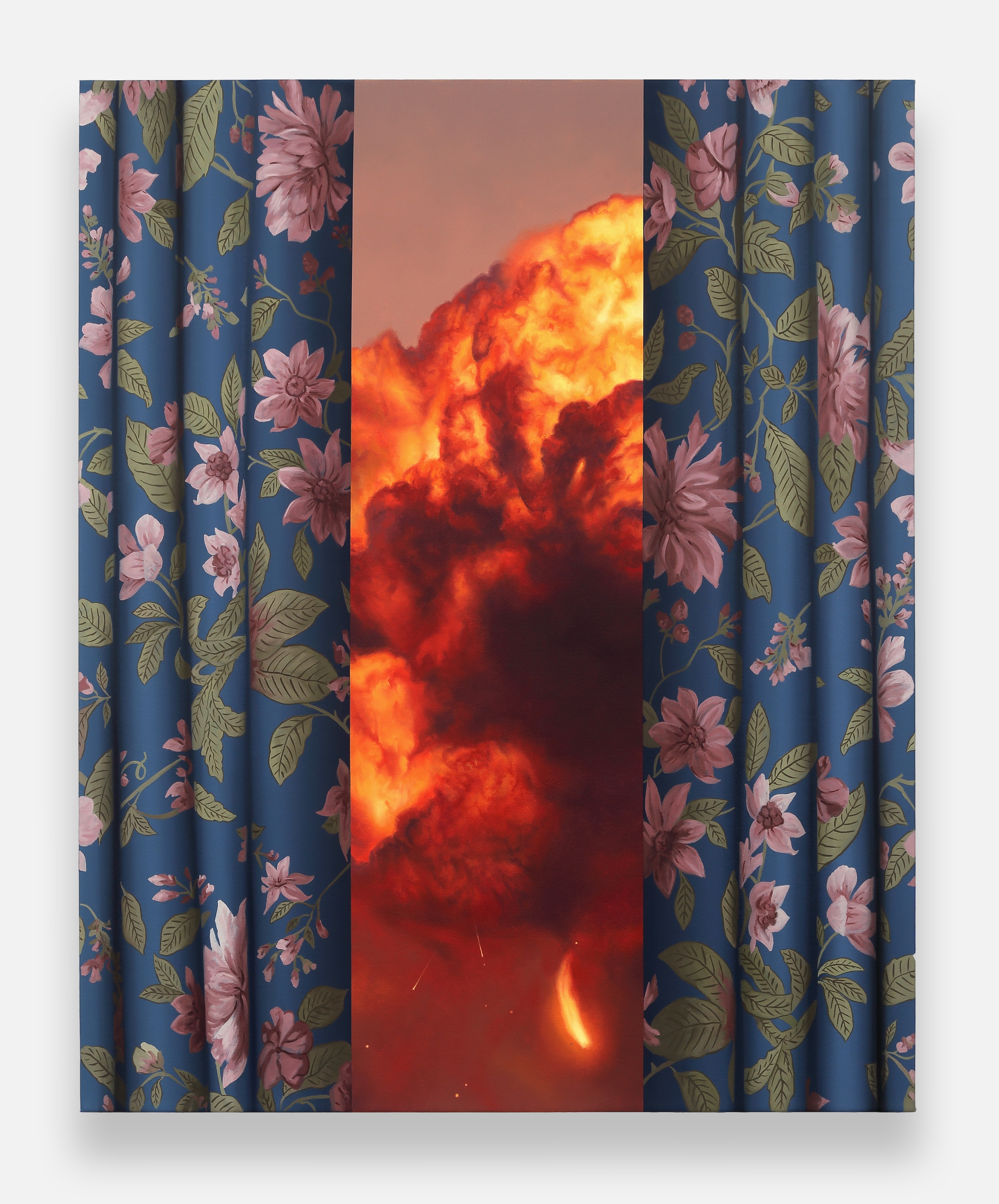 A detail of Shawn Huckins' oil on canvas painting "War Cloud and Floral Blue Curtain," from 2026. (Provided by K Contemporary)