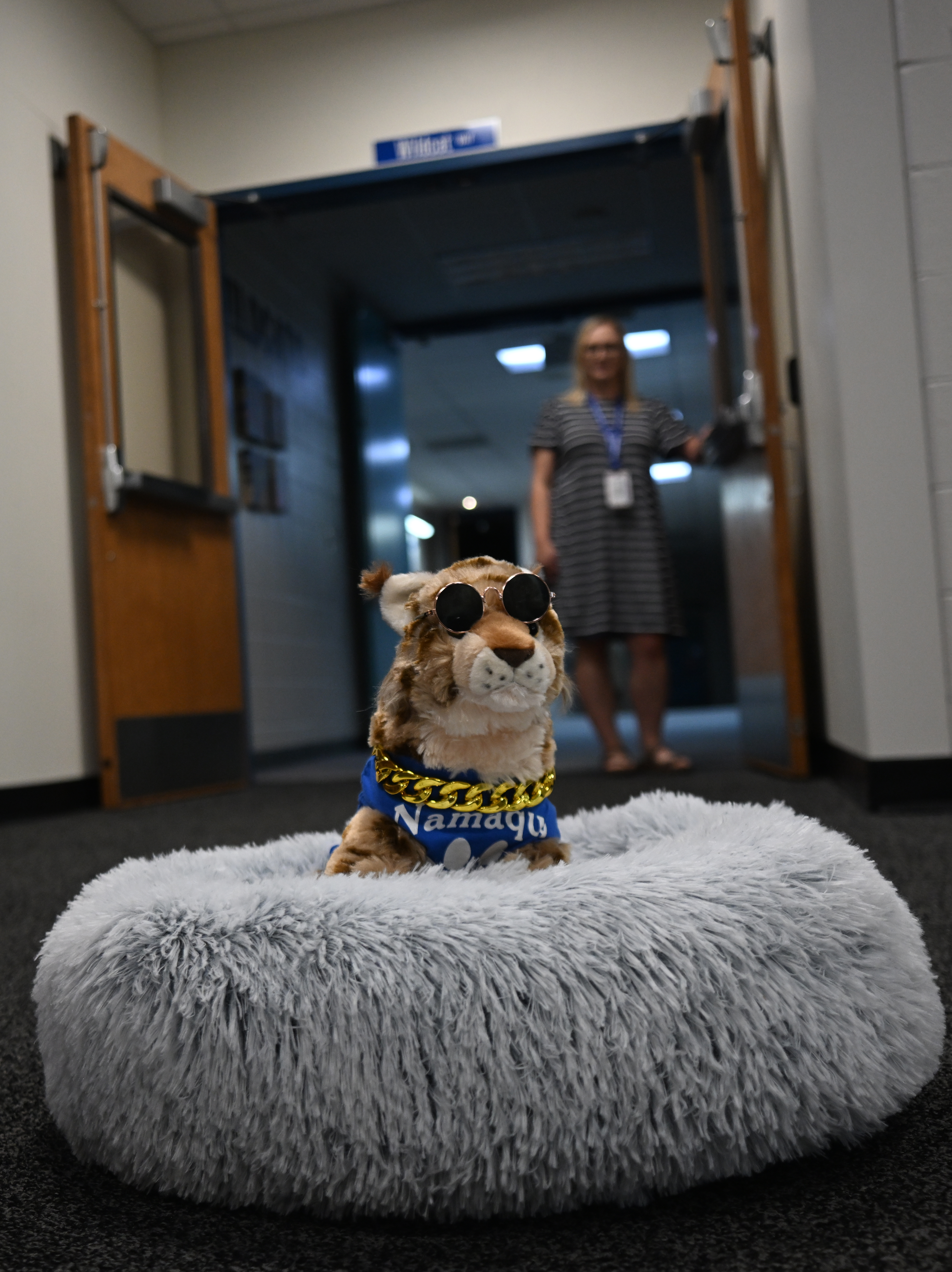Namaqua Elementary School Principal Angie Geraghty poses for a photo with the school mascot, Wyatt, a stuffed wildcat wearing sunglasses, on July 14, 2026, in Loveland. (Photo by RJ Sangosti/The Denver Post)