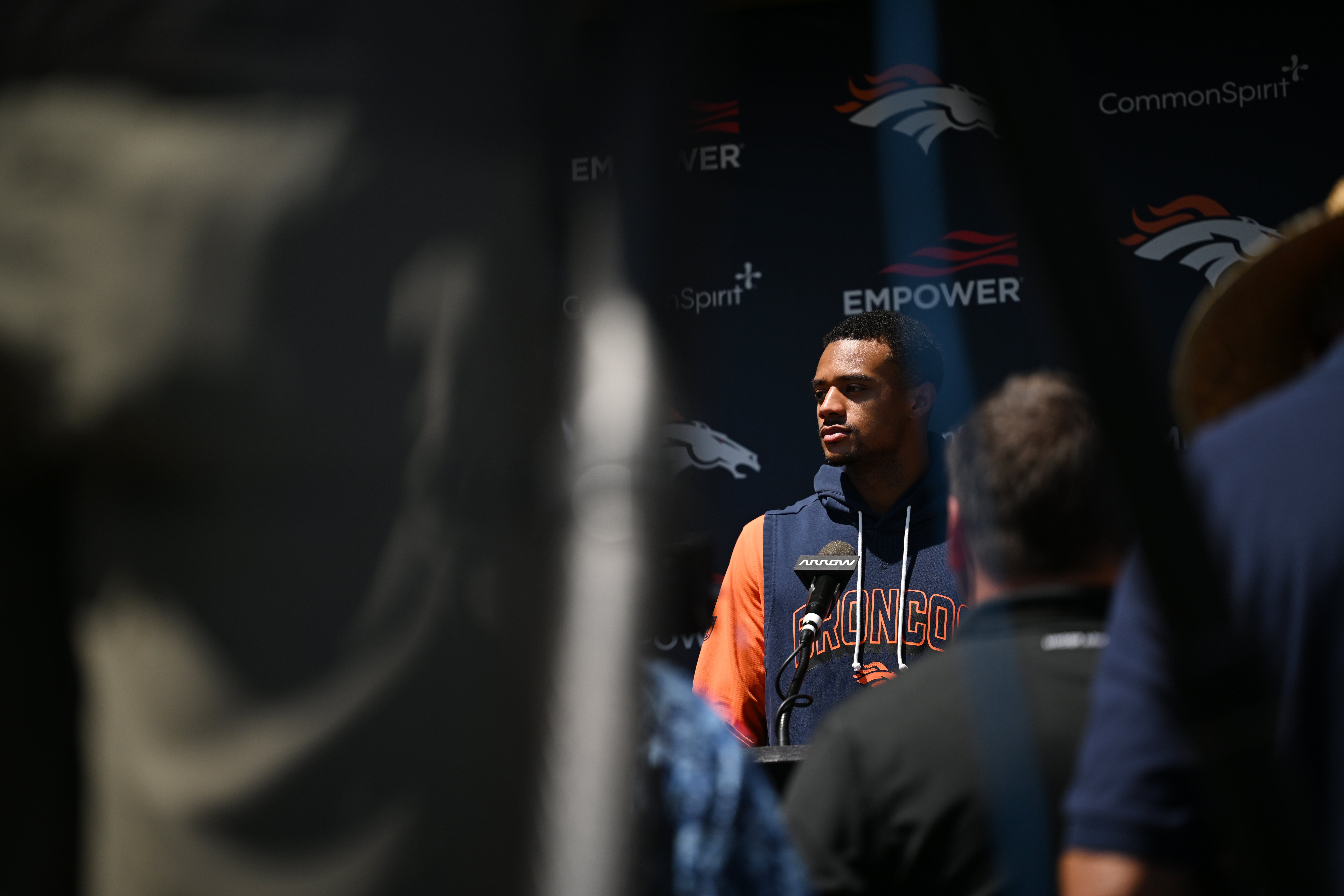 Denver Broncos cornerback Pat Surtain II (2) talks with media during the 2026 training camp acclimation period at Broncos Park on Tuesday, July 28, 2026, in Centennial. (Photo by RJ Sangosti/The Denver Post)