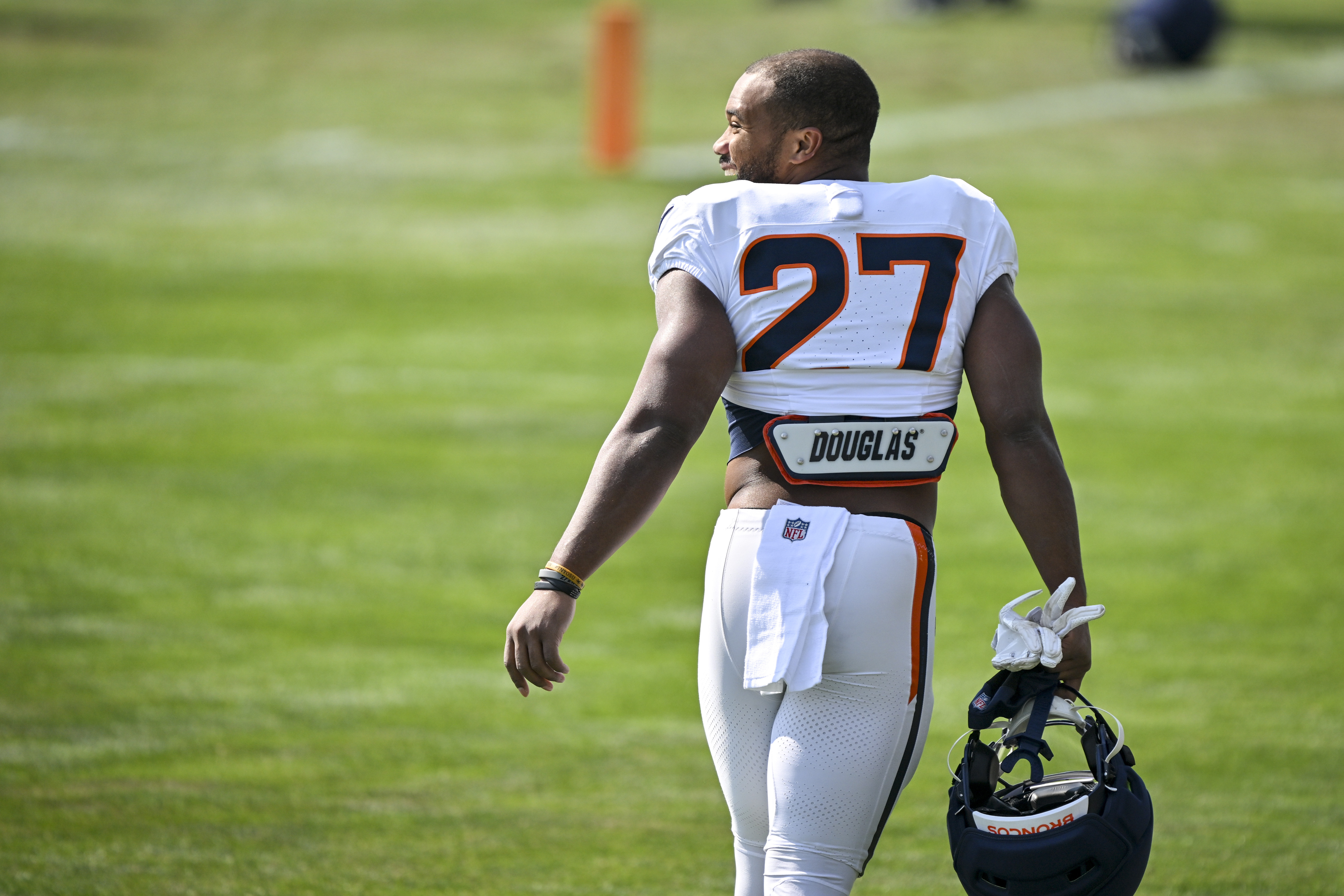 CENTENNIAL , CO - AUGUST 11: J.K. Dobbins (27) of the Denver Broncos takes the field during training camp at Broncos Park in Centennial, Colorado on Tuesday, August 11, 2026. (Photo by AAron Ontiveroz/The Denver Post)