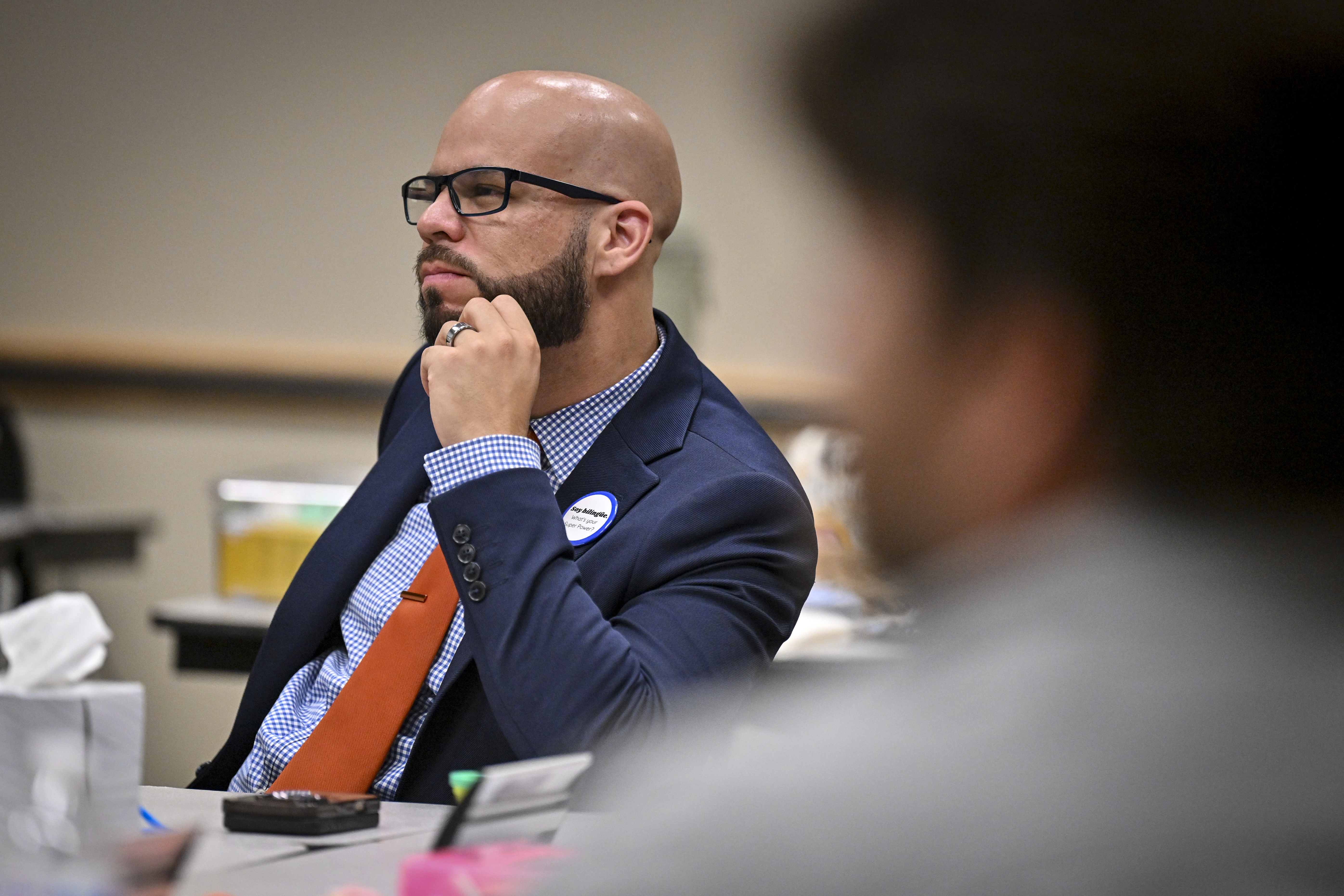 Superintendent Alex Marrero listens during a DPS board retreat at the Denver Police Protective Association on Monday, Aug. 17, 2026. (Photo by AAron Ontiveroz/The Denver Post)