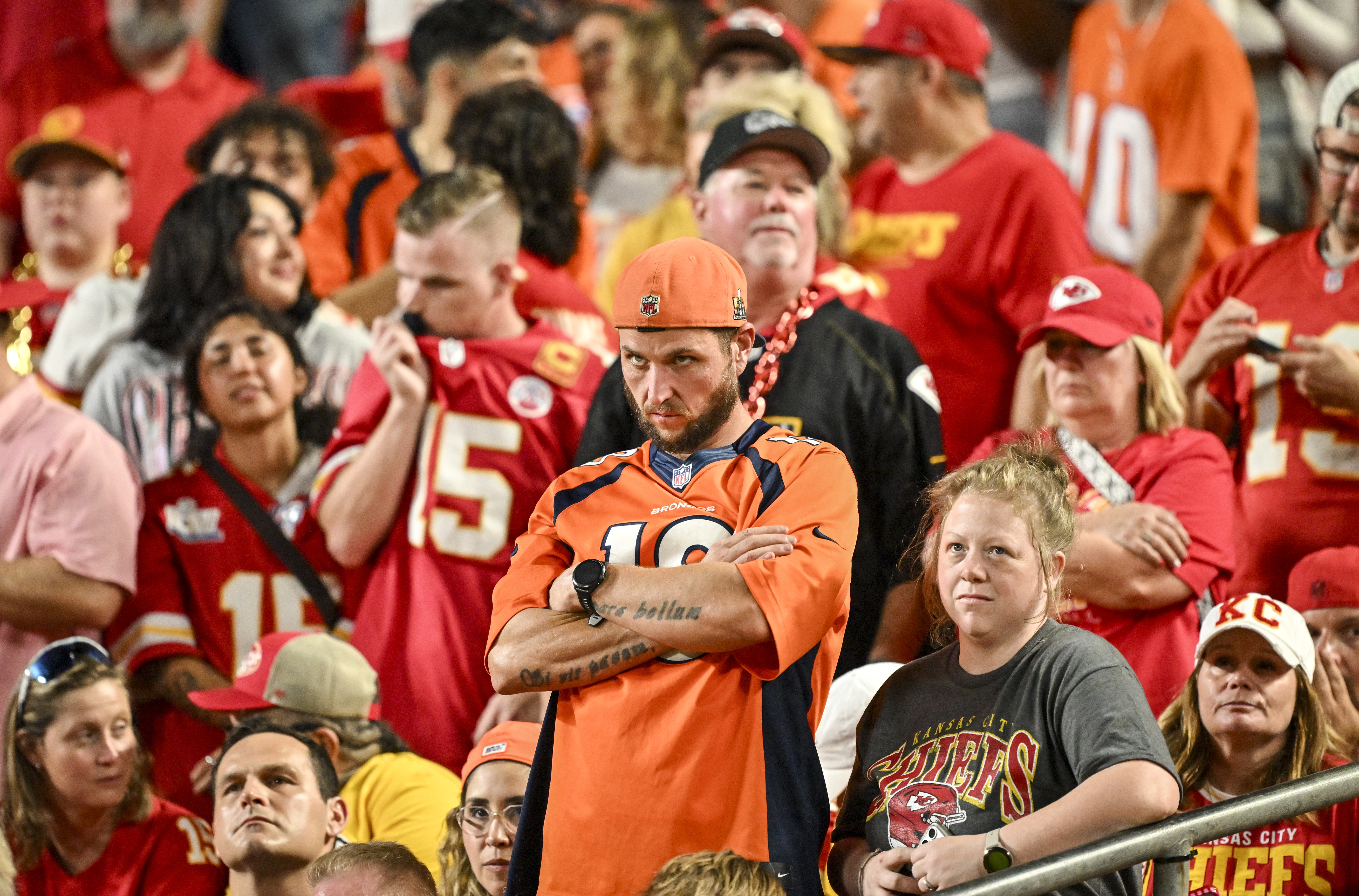 A Denver Broncos fan watches the final minute of play during the fourth quarter of the Kansas City Chiefs' 31-10 win at Arrowhead Stadium in Kansas City, Missouri on Monday, Sept. 14, 2026. (Photo by AAron Ontiveroz/The Denver Post)