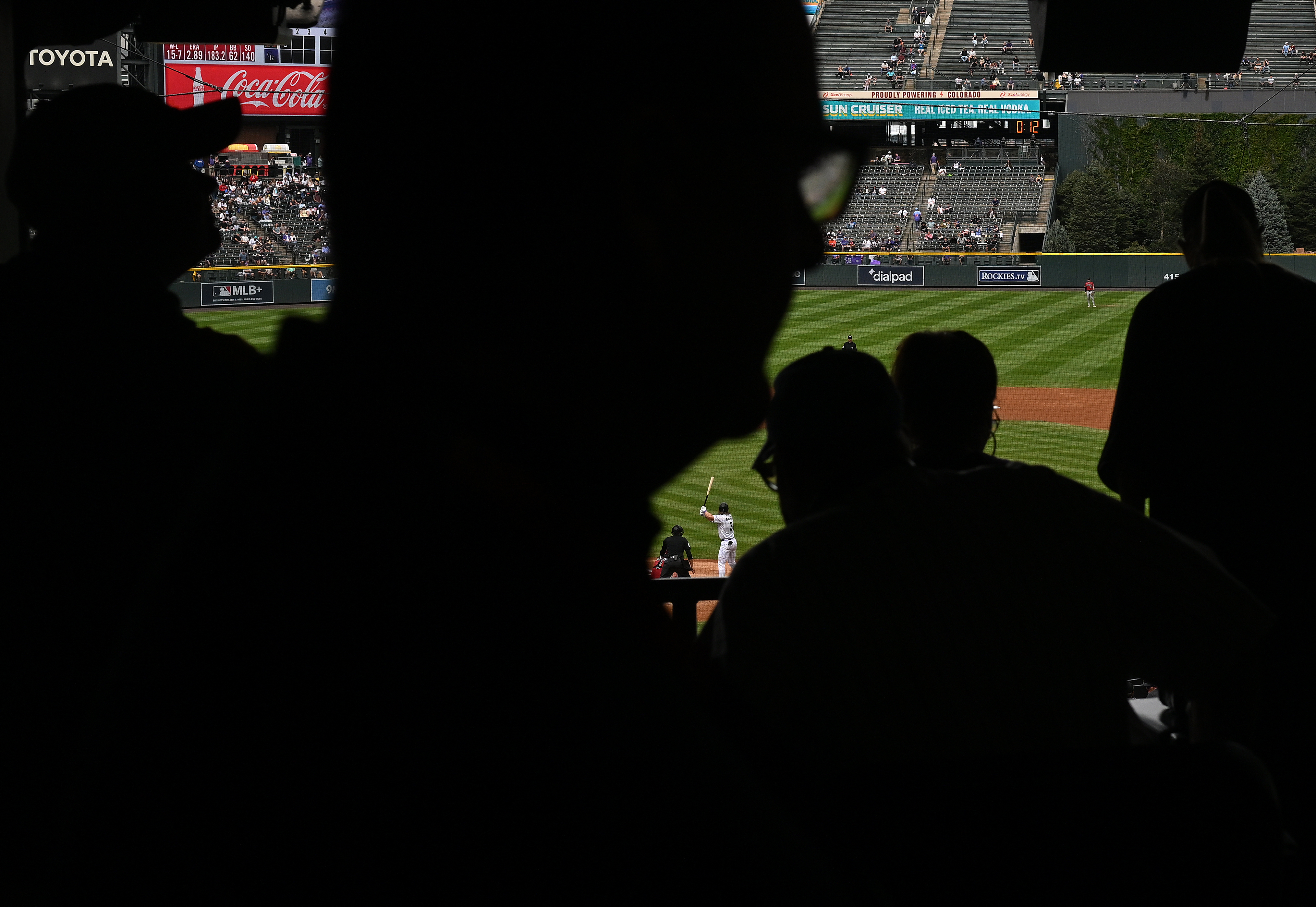 Colorado Rockies left fielder Jake McCarthy (31) steps up to bat as fans walk around Coors Field on Thursday, Sept. 24, 2026, in Denver. Colorado Rockies played Arizona Diamondbacks during the Rockies last home game of the season. (Photo by RJ Sangosti/The Denver Post)