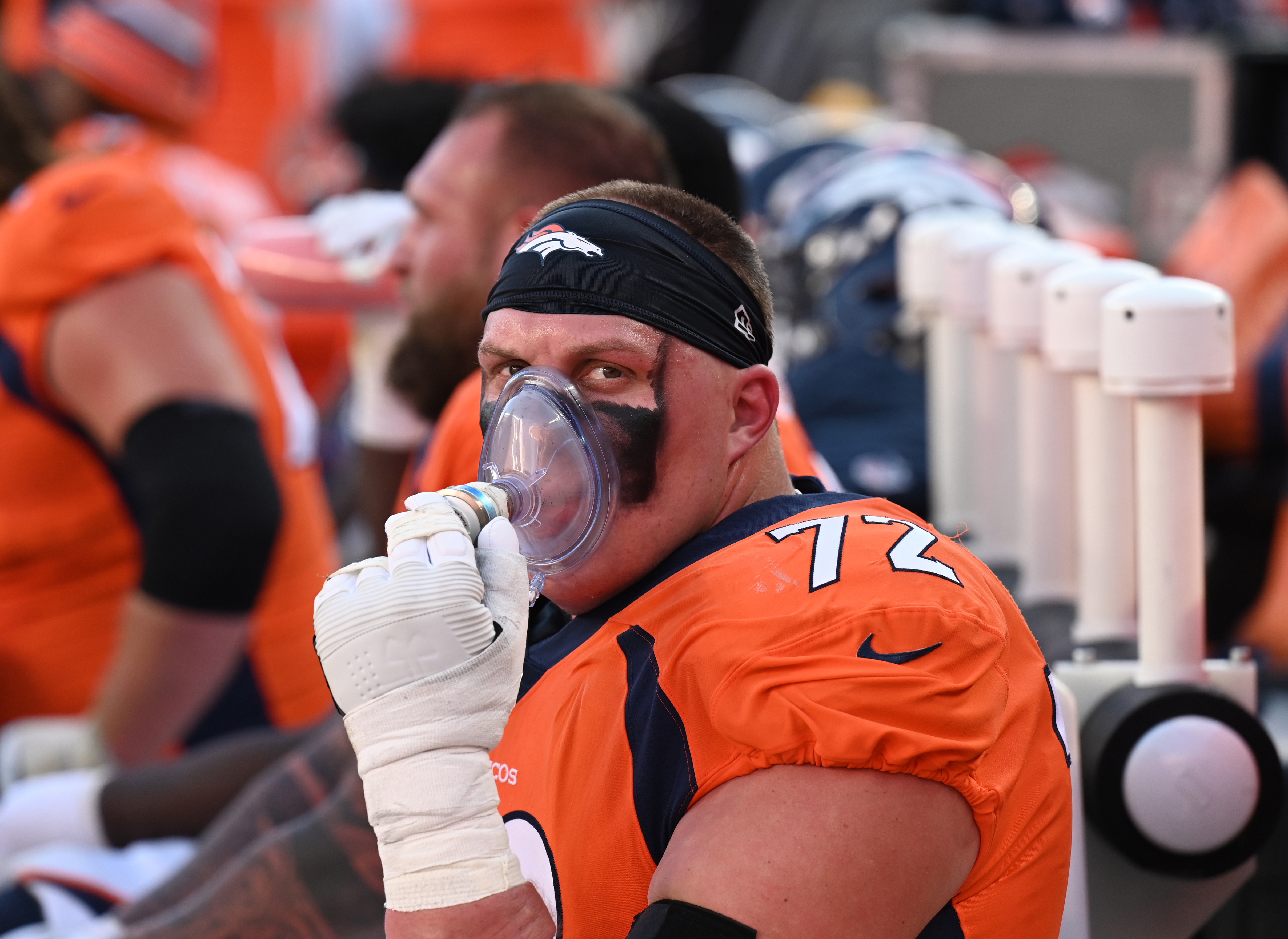 Denver Broncos offensive tackle Garett Bolles (72) takes oxygen during the game against the Detroit Lions at Empower Field at Mile High Dec. 12, 2021. (Photo by RJ Sangosti/The Denver Post)