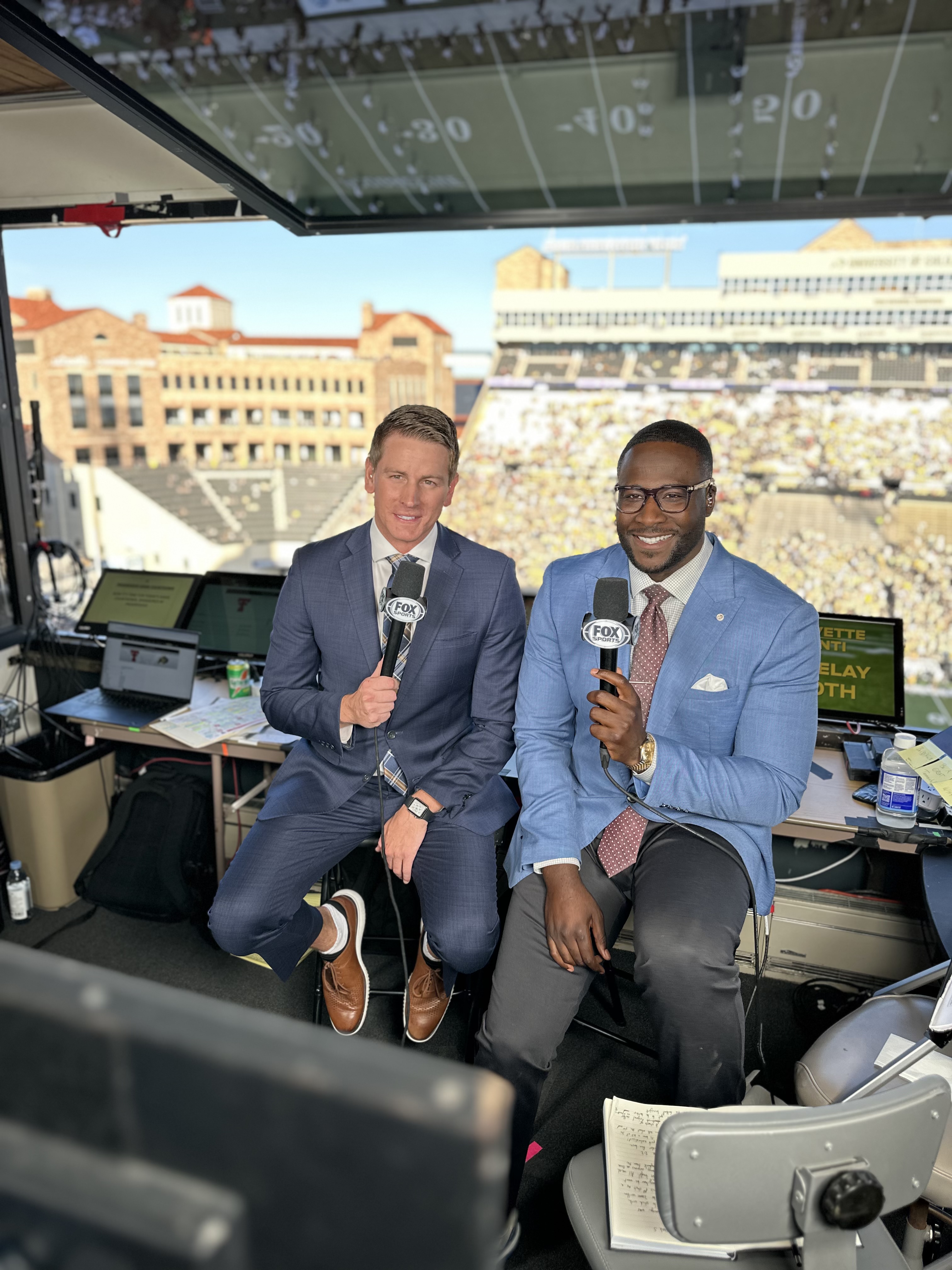 Noah Reed (left) calls CU football's homecoming game against Texas Tech for FOX Sports while in Boulder for Nuggets training camp. Reed was named the new Nuggets play-by-play broadcaster for Altitude Sports this summer.