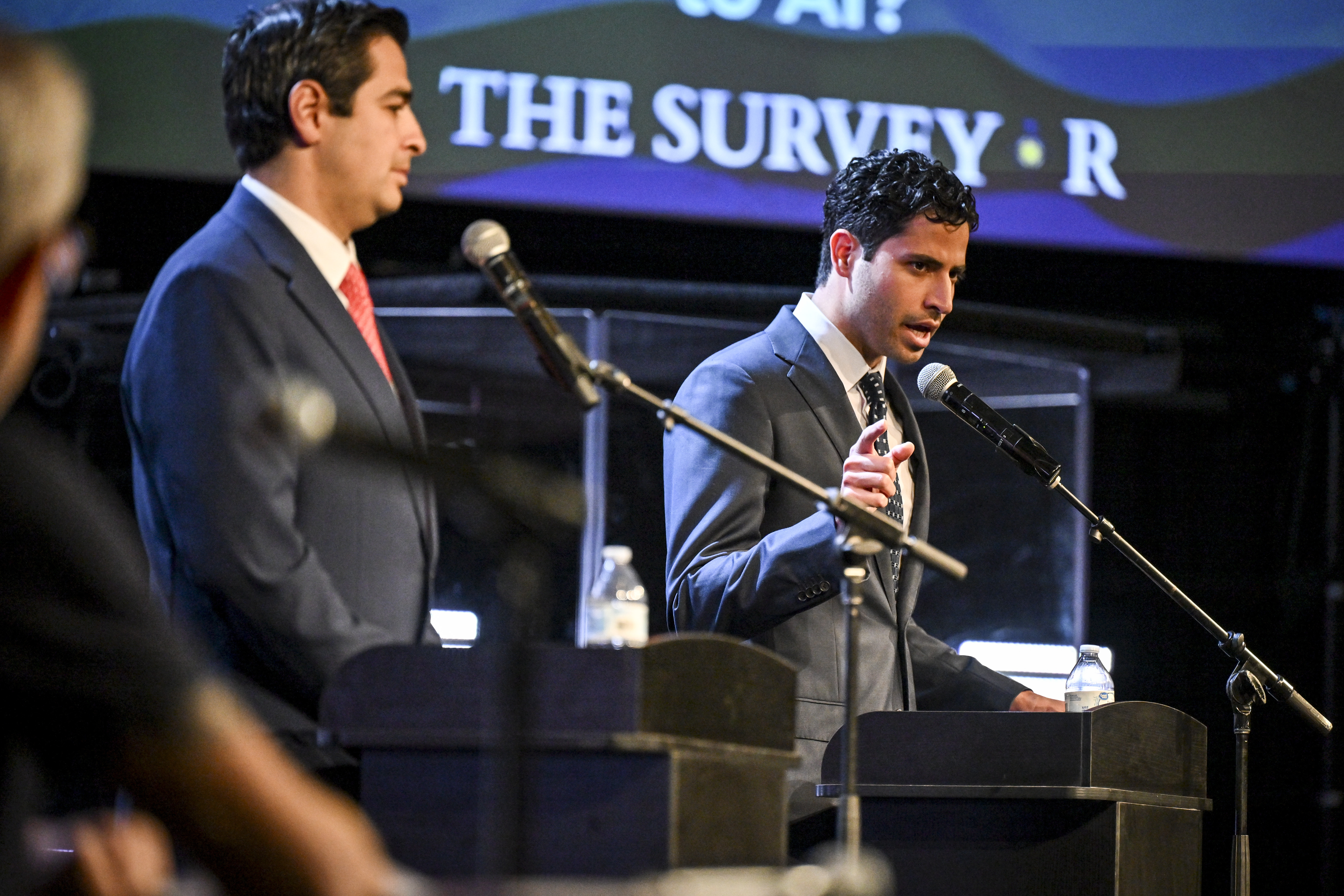 Democratic challenger Manny Rutinel speaks as he faces Congressman Gabe Evans during an 8th Congressional District debate at Grace Place in Berthoud on Wednesday, Oct. 7, 2026. (Photo by AAron Ontiveroz/The Denver Post)