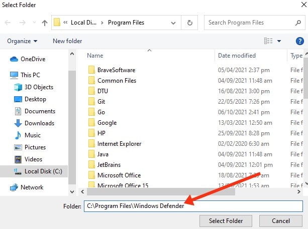 drop in the defender's path and then click on Select Folder