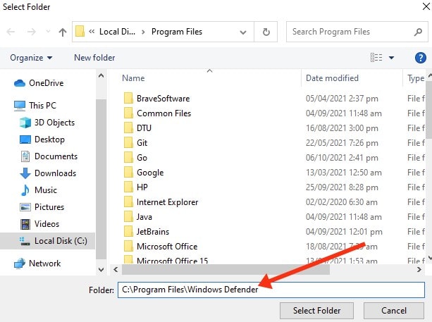 drop in the defender's path and then click on Select Folder