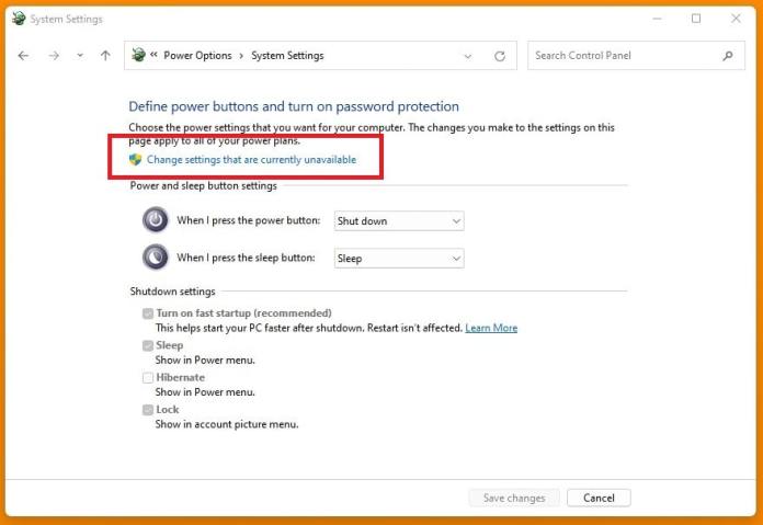 Select Change settings that are currently unavailable