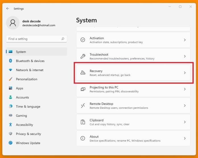 system setting recovery option