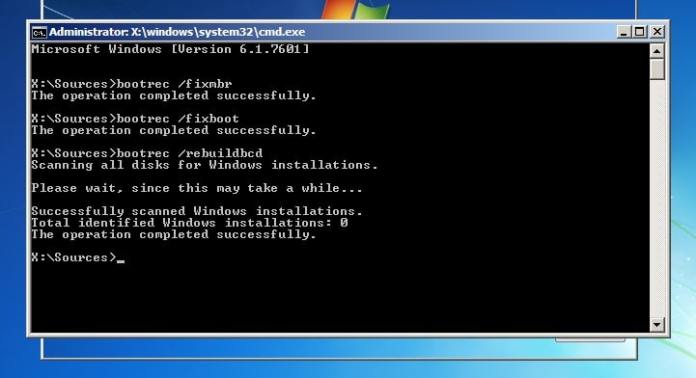 Executing Bootrec Commands, bootrec fixmbr, fixboot, rebuildbcd