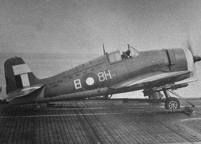 Hellcat JX688 of 896 Squadron attached to the catapult aboard Empress in 1945