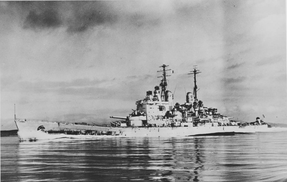 HMS Vanguard Steaming at high speed while running trials in 1946