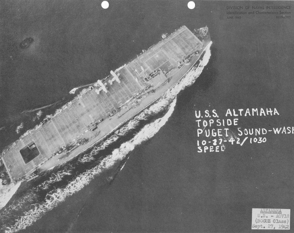 Aerial view of USS Altamaha (ACV-18) underway in Puget Sound, Wash., 27 October (September) 1942