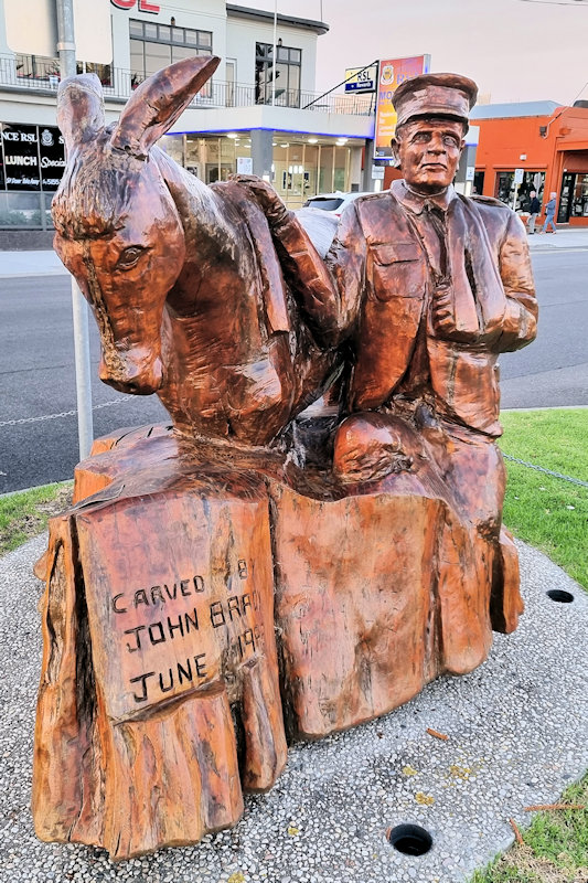 A wounded soldier with a donkey Lakes Entrance WW1 Memorial Sculptures